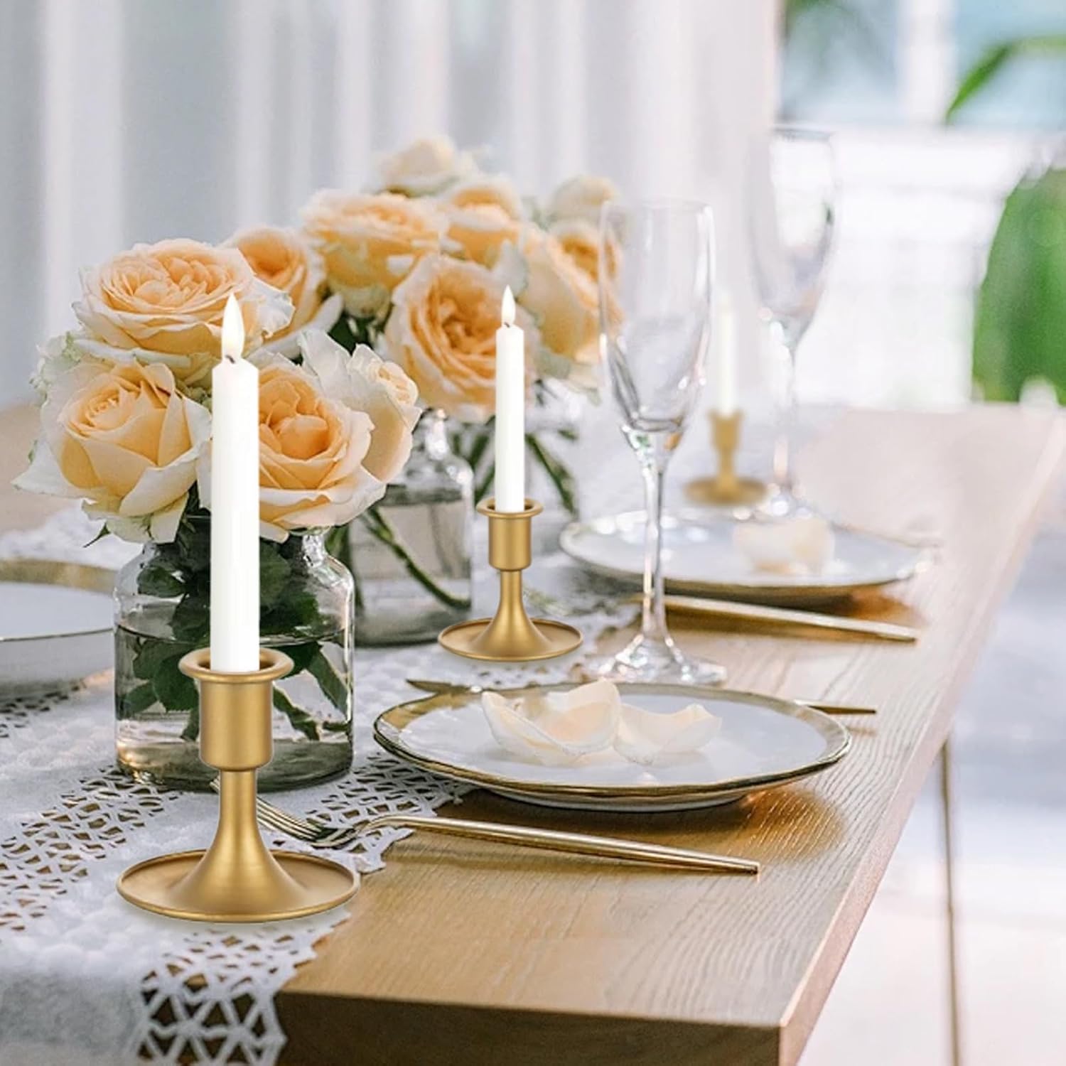 24 Pcs Gold Candle Holders,Taper Candle Holders Candlestick Holders Vintage Gold Low Metal Candles Sticks for Table Centerpiece Wedding Candlelight Dinner Christmas Birthday Decor