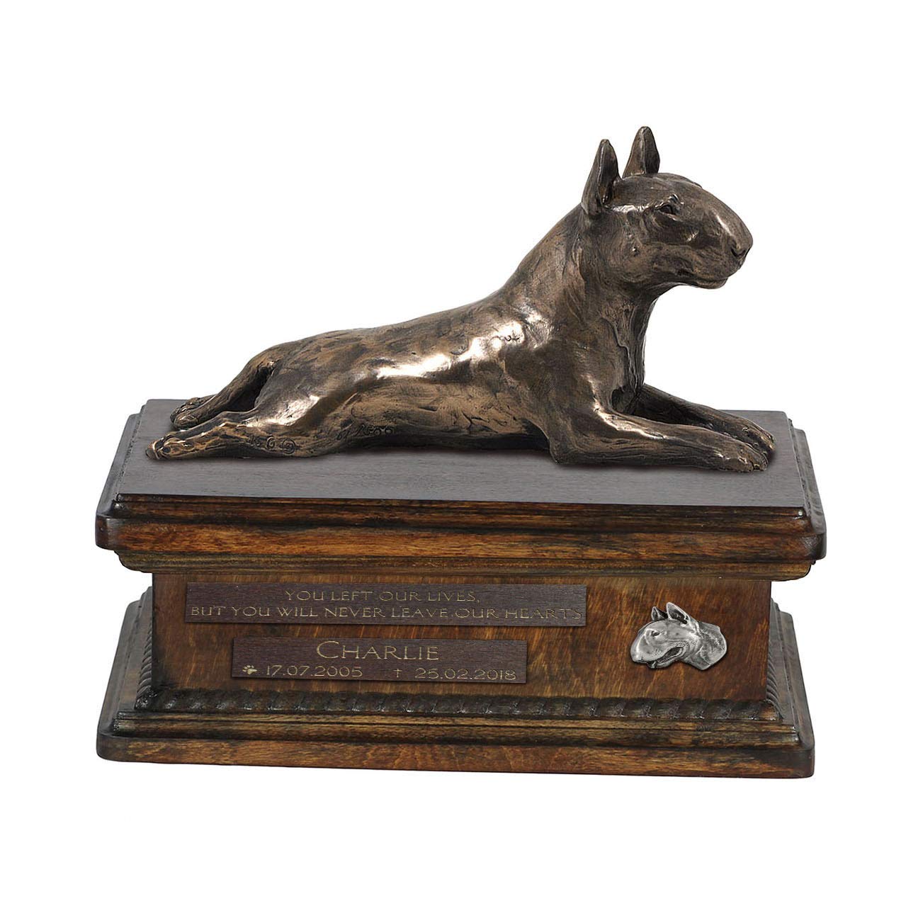 Urne pour les cendres de chien Bull Terrier hommage éternel en bronze et bouleau 5L