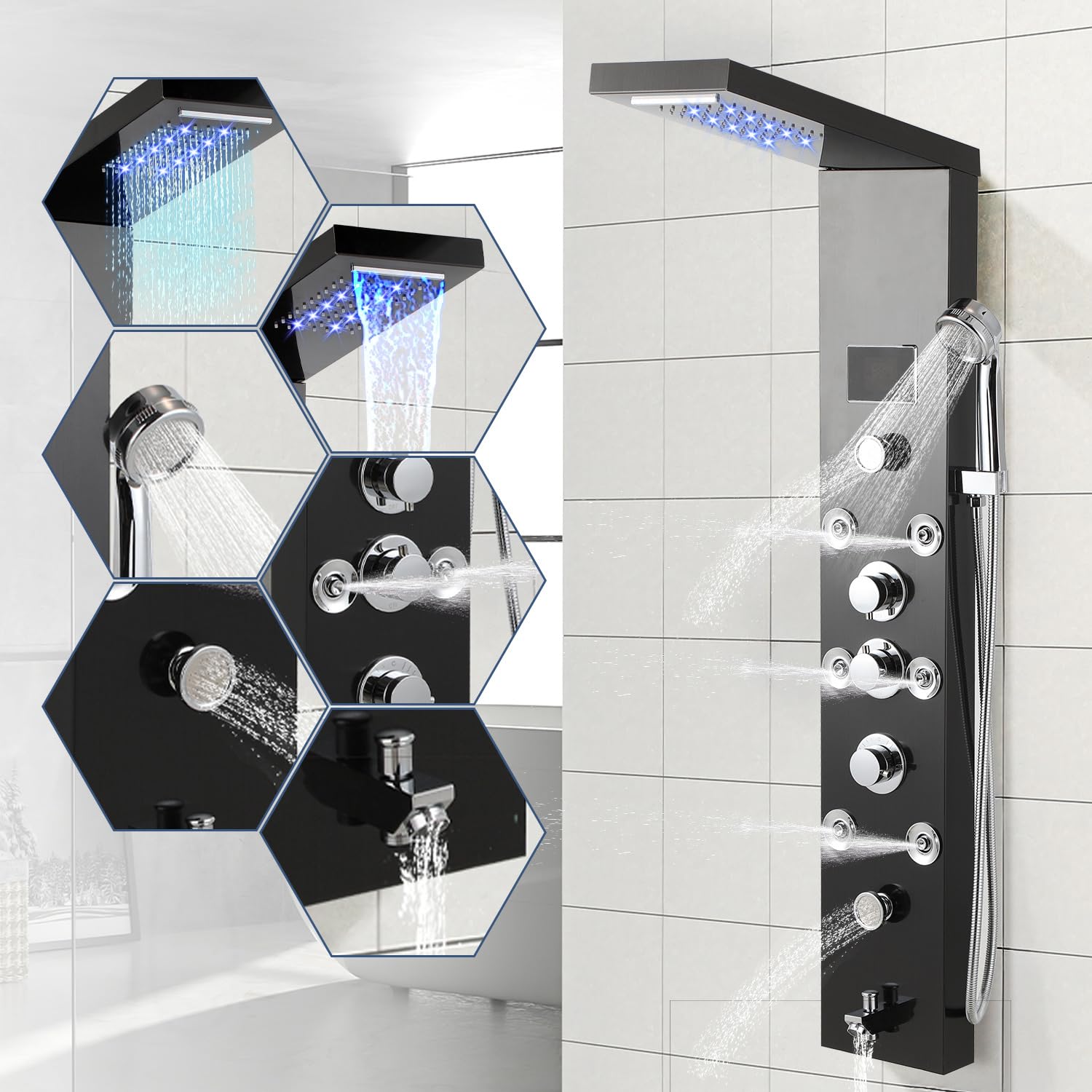 Pannello doccia con rubinetto, 6 funzioni, pannello doccia in acciaio inox con indicatore di temperatura a LED, pioggia e cascata, doccetta a mano, ugelli massaggianti e colonna doccia
