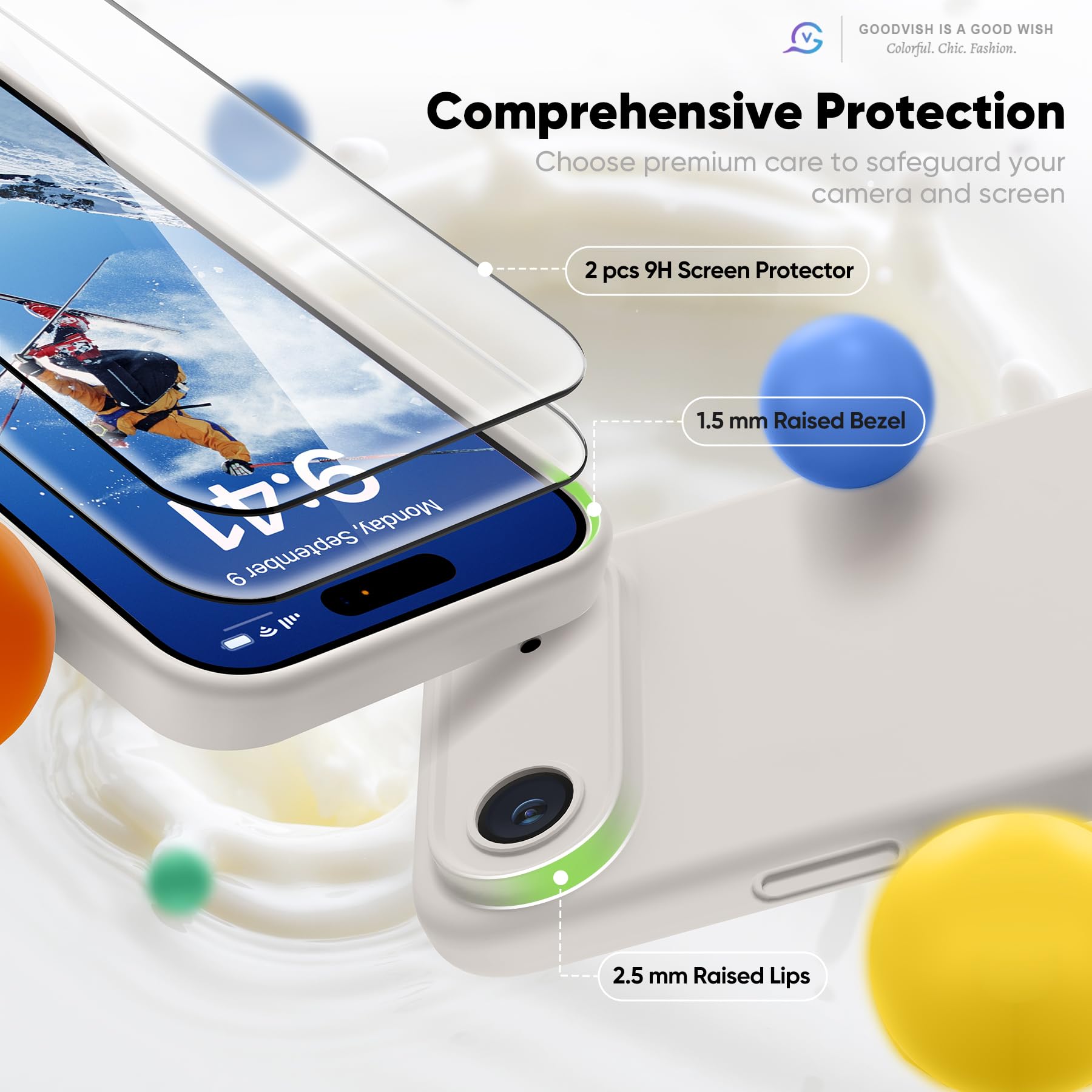 GOODVISH 3 in 1 Silicone Cover per iPhone Air 6.5", Custodia con 2x Vetro Temperato [Pulsante Controllo Fotocamera] 360° Protezione Anticaduta Case per Cellulare Antiurto Resistente, Grigio Pietra