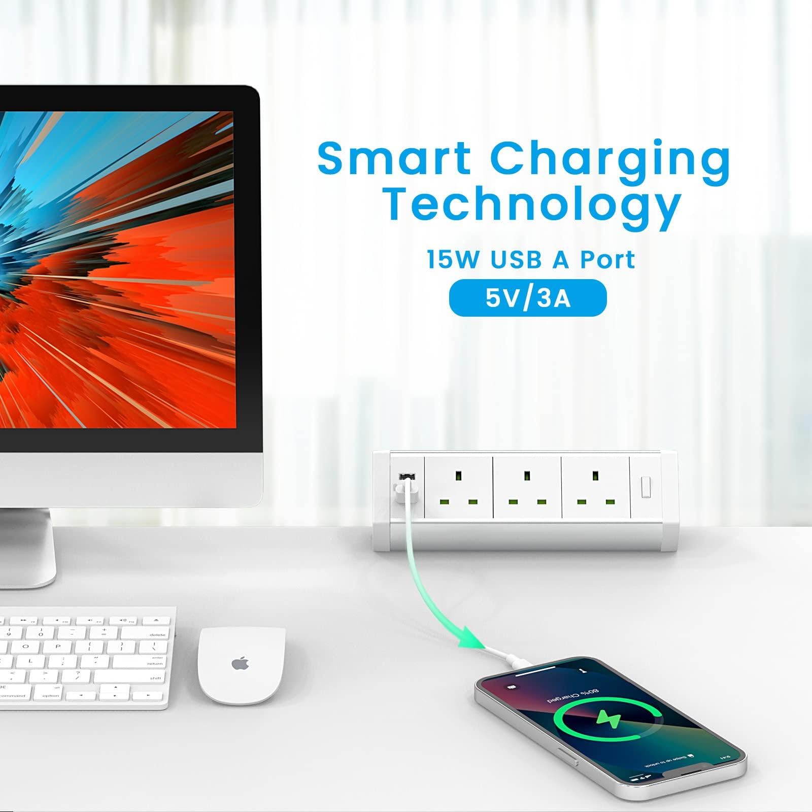 Presa di Alimentazione da scrivania, Presa Multipla in Alluminio con 2 Slot USB, prolunga da scrivania con Interruttore di Controllo, Supporto a Morsetto
