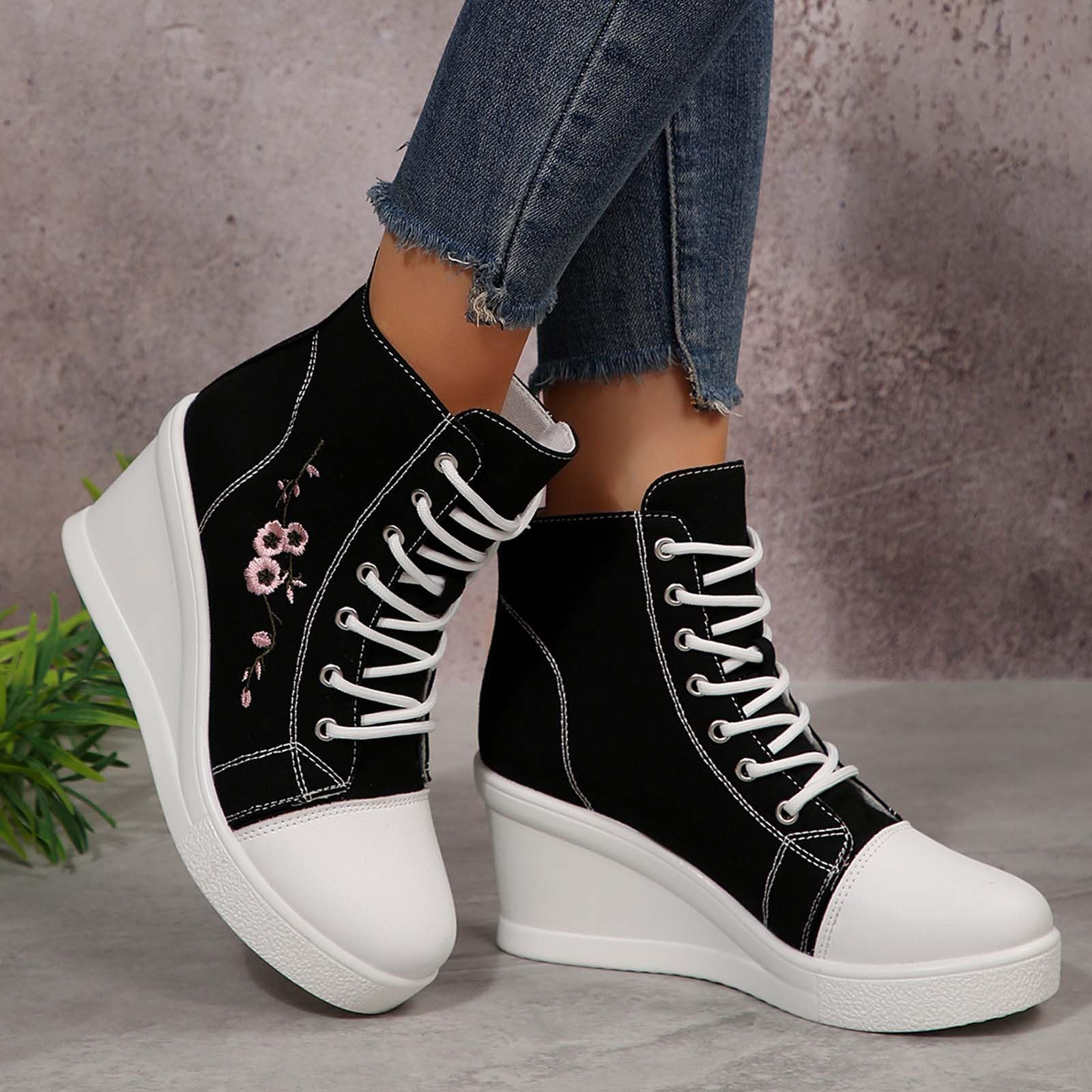 Scarpe da ginnastica in tela da donna e uomo, con lacci, stile vintage, con tacco spesso 8 cm, ricamo floreale, con zeppa