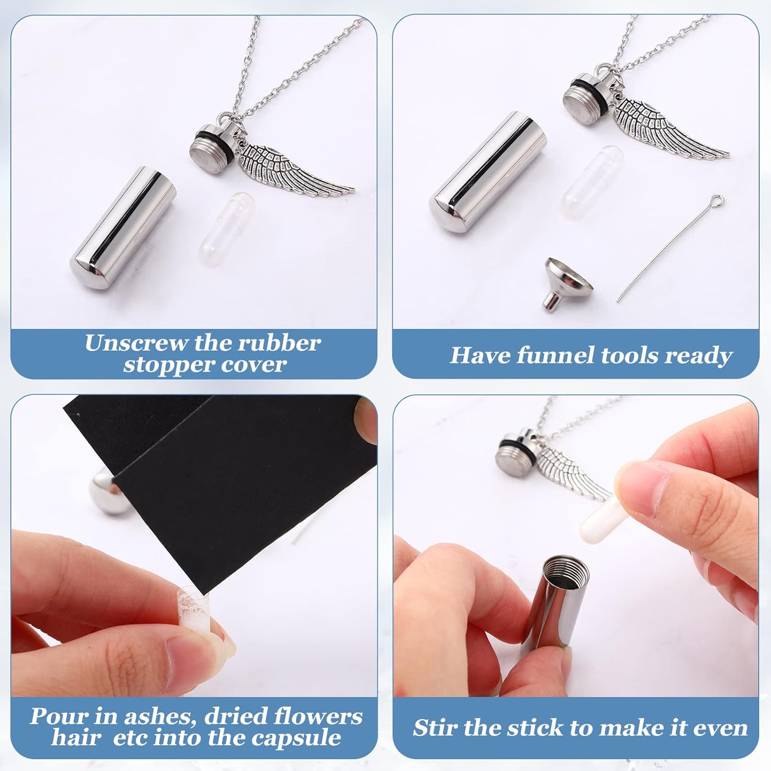 Kigeli 10 Pcs Urn Necklace for Ashes Cremation Jewelry for Human Ashes Bulk for Loved One Women Men with Wing Stainless Steel Cremation Keepsake Memorial Necklace Angel Cylinder Pendant Set - Image 4