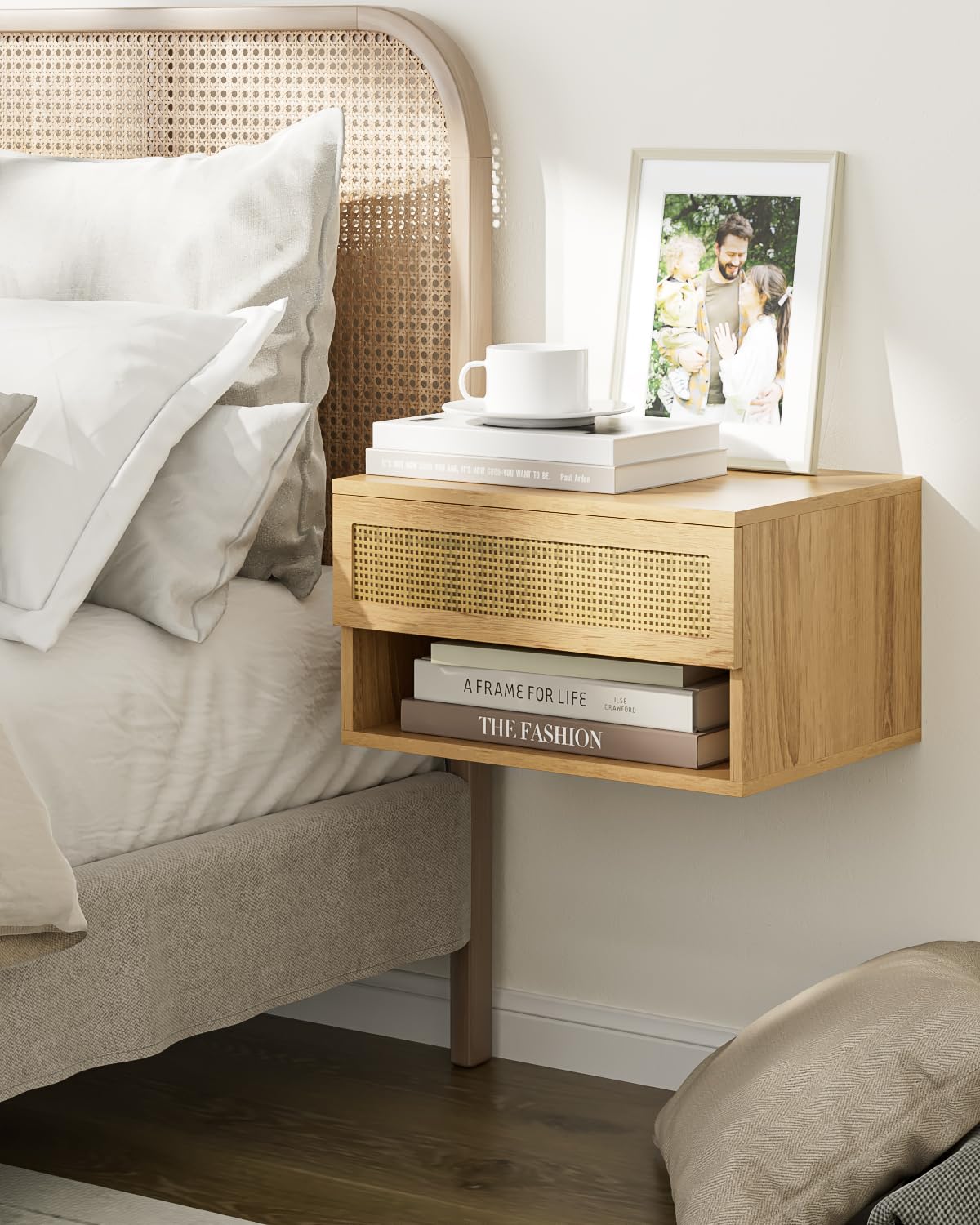 HEYZOEY Mesas flotantes, pequeñas y Modernas mesas flotantes con cajones, estantes flotantes para dormitorios y baños (ratán de Roble)