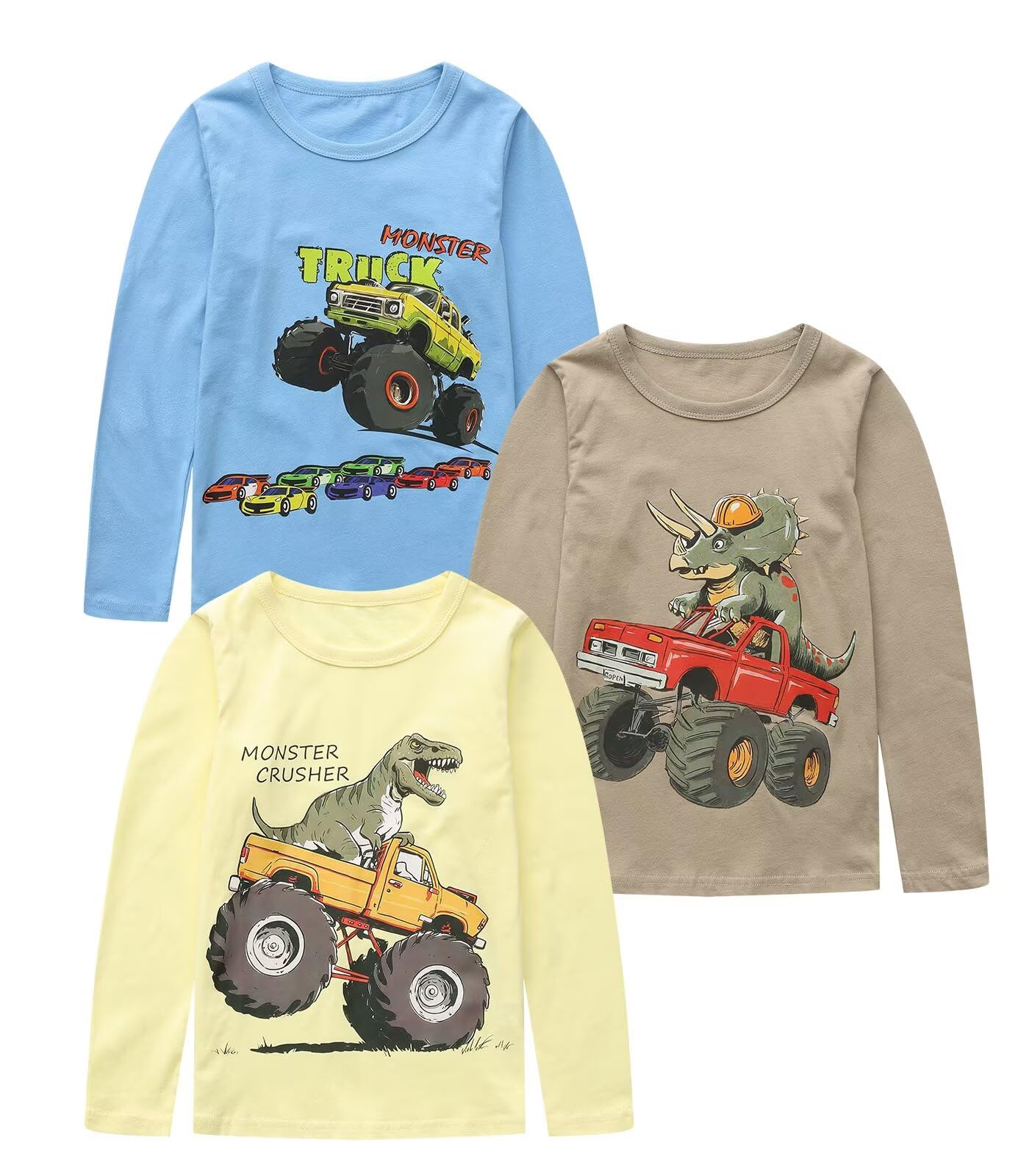 Jungen-T-Shirts für Kinder, langärmelig, Baumwolle, Multipack, Dinosaurier-T-Shirts, Rundhalsausschnitt, 3 Stück, lässig, Herbst, Schule, Spielkleidung