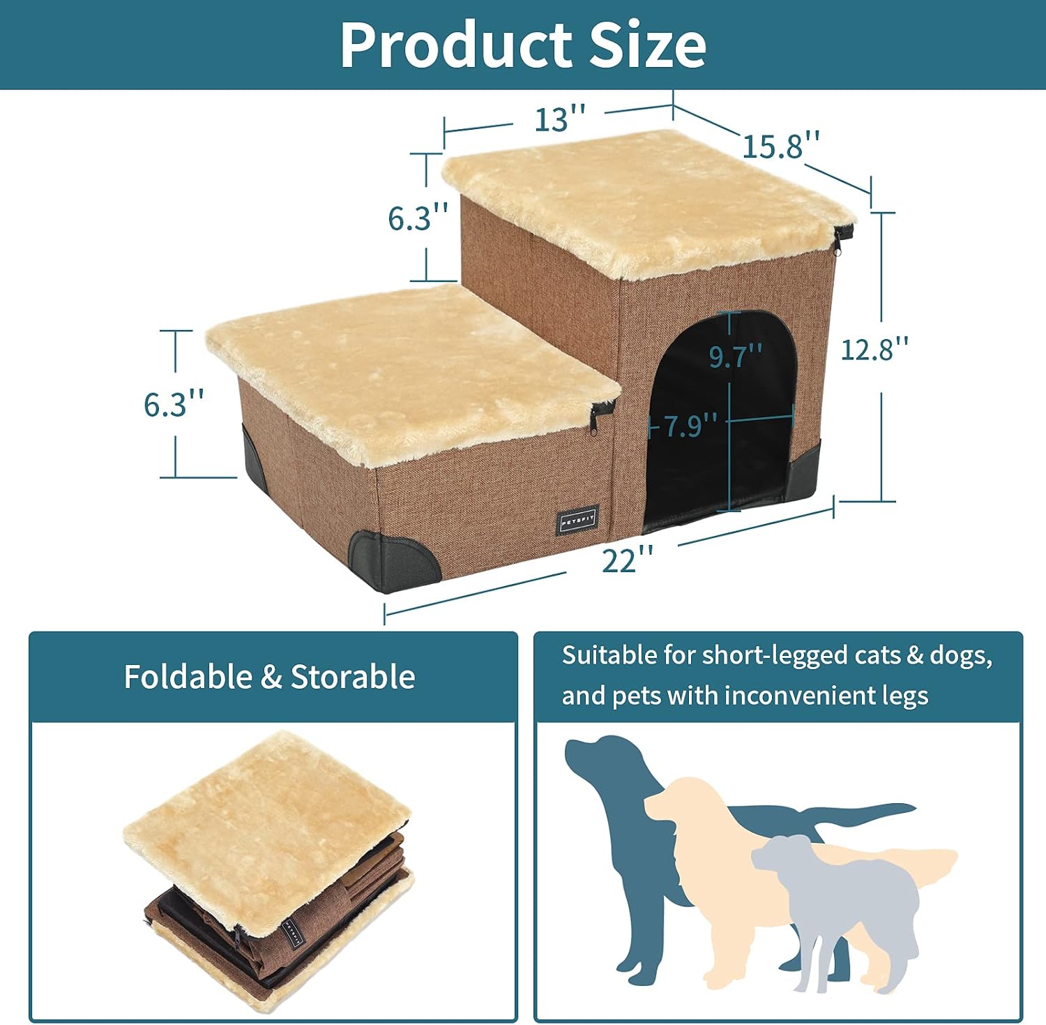 Petsfit Dog Stairs 3 in 1 Multi Use with Storage Room, Dog Lounge Design, Washable and Removable Non-Slip Fleece Cover Dog Stairs for High Beds, Brown Linen