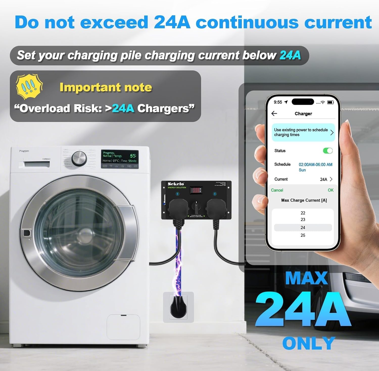 Manual EV Charging Switch for Dryer & EV, NEMA 14-30P to 14-30R & 14-50R, 240V, 24A 5.76kW Max Power Splitter, with a Safety Breaker Switch, Hand-Operated Selector, Plug and Play