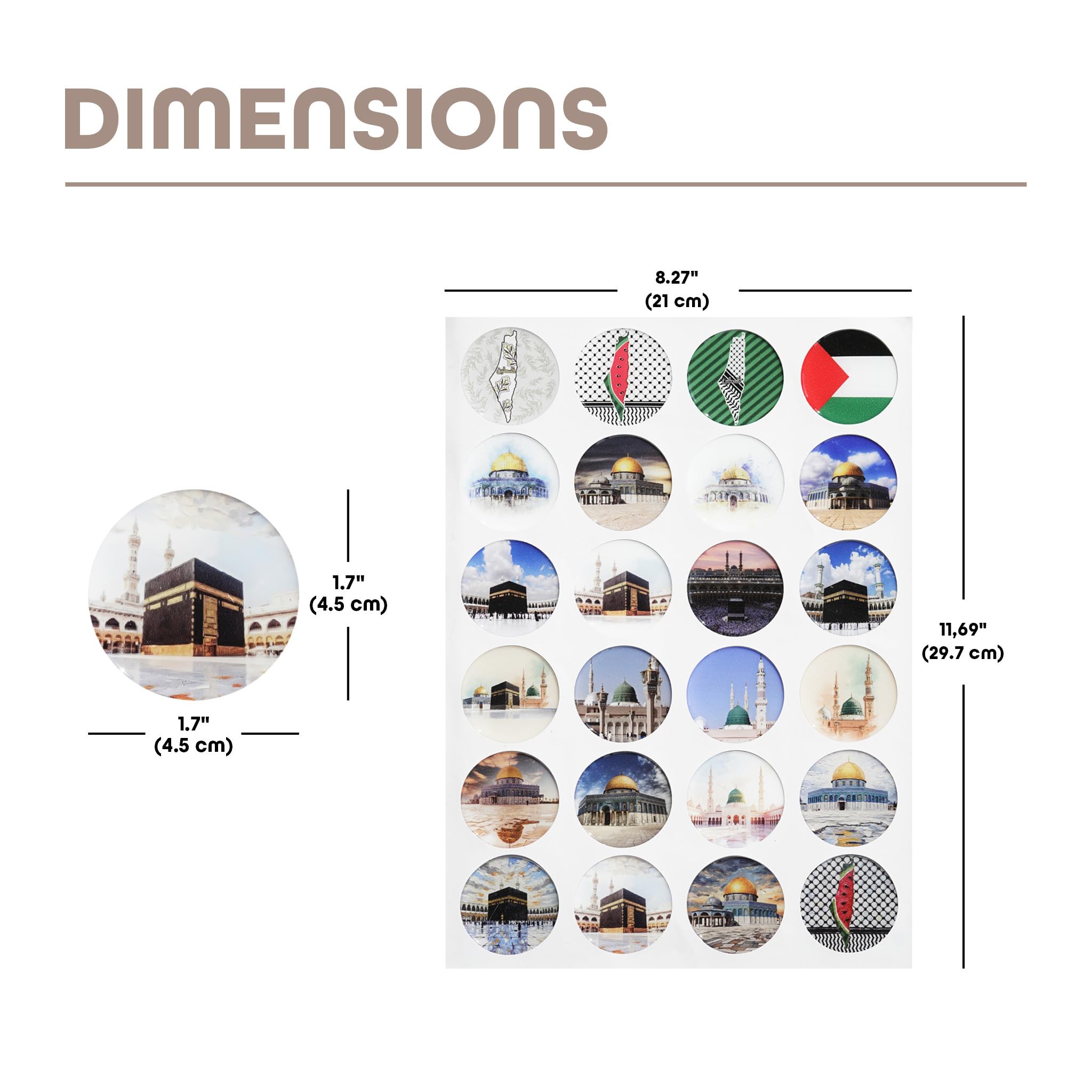 Iwa Concept Zestaw naklejek Islamic Holy Sites, Kaaba Masjid an-Nabawi Masjid al-Aqsa, okrągłe naklejki 1,7 cala, 24 szt