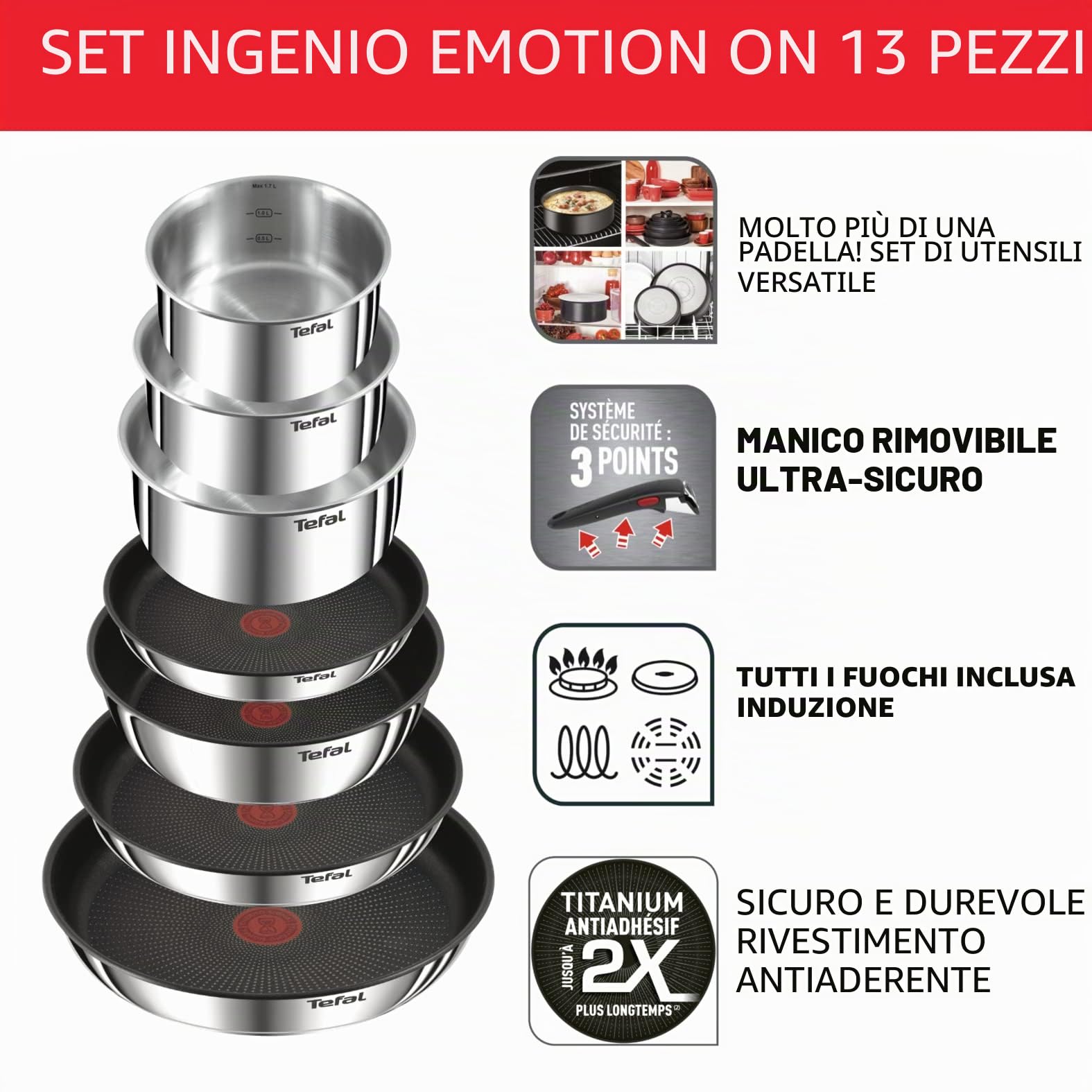 Batteria da cucina Tefal Ingenio 13 pezzi, induzione, acciaio inossidabile, non acconciata sostenibile, emozione su L897DS04