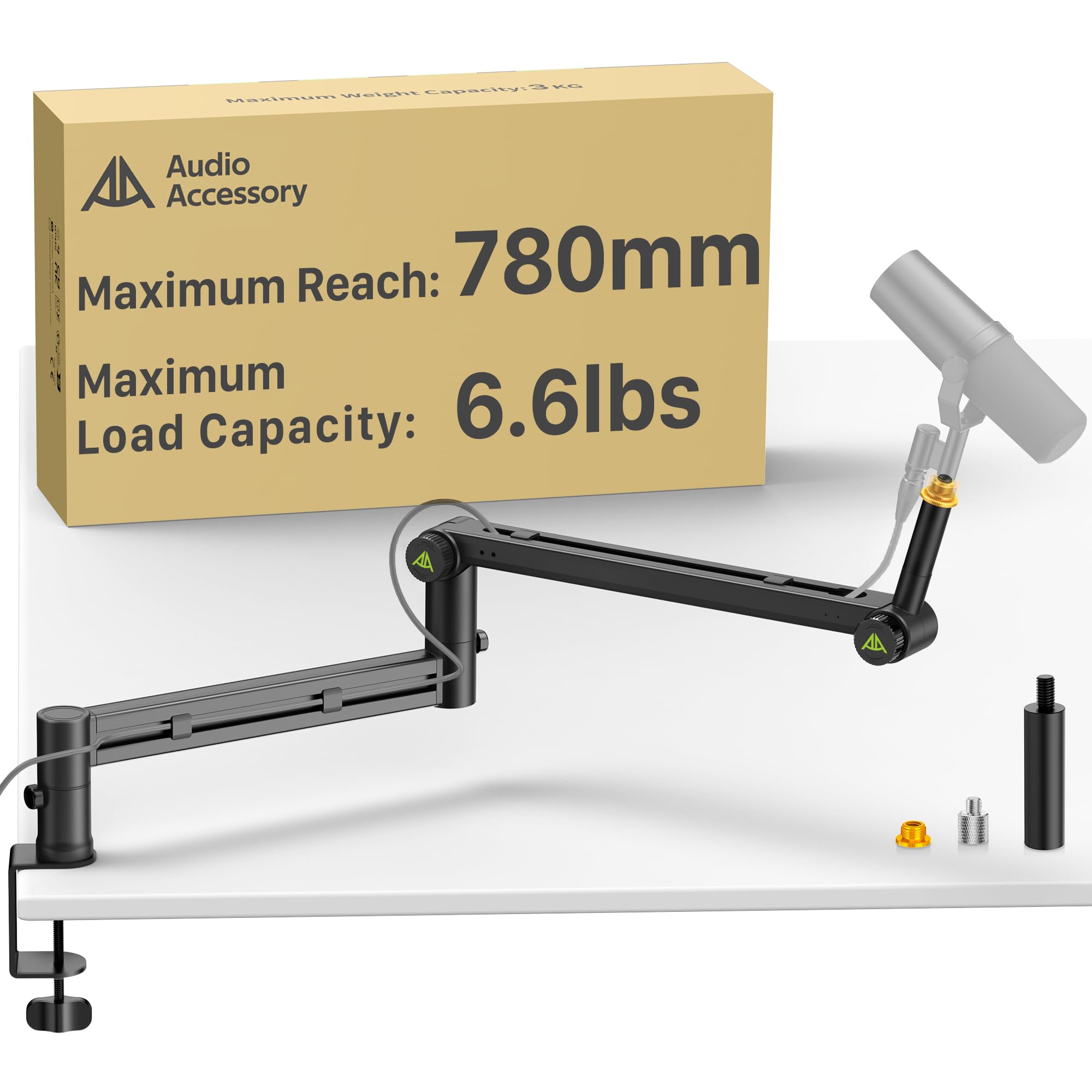 Low Profile Boom Arm (Design for Heavy Mic) 6.6lbs Load Capacity, Stable Gear Lock Structure Never Sags, Metal Microphone Stand Desk Mount for Shure SM7B MV7+, Blue Yeti,Rode PodMic