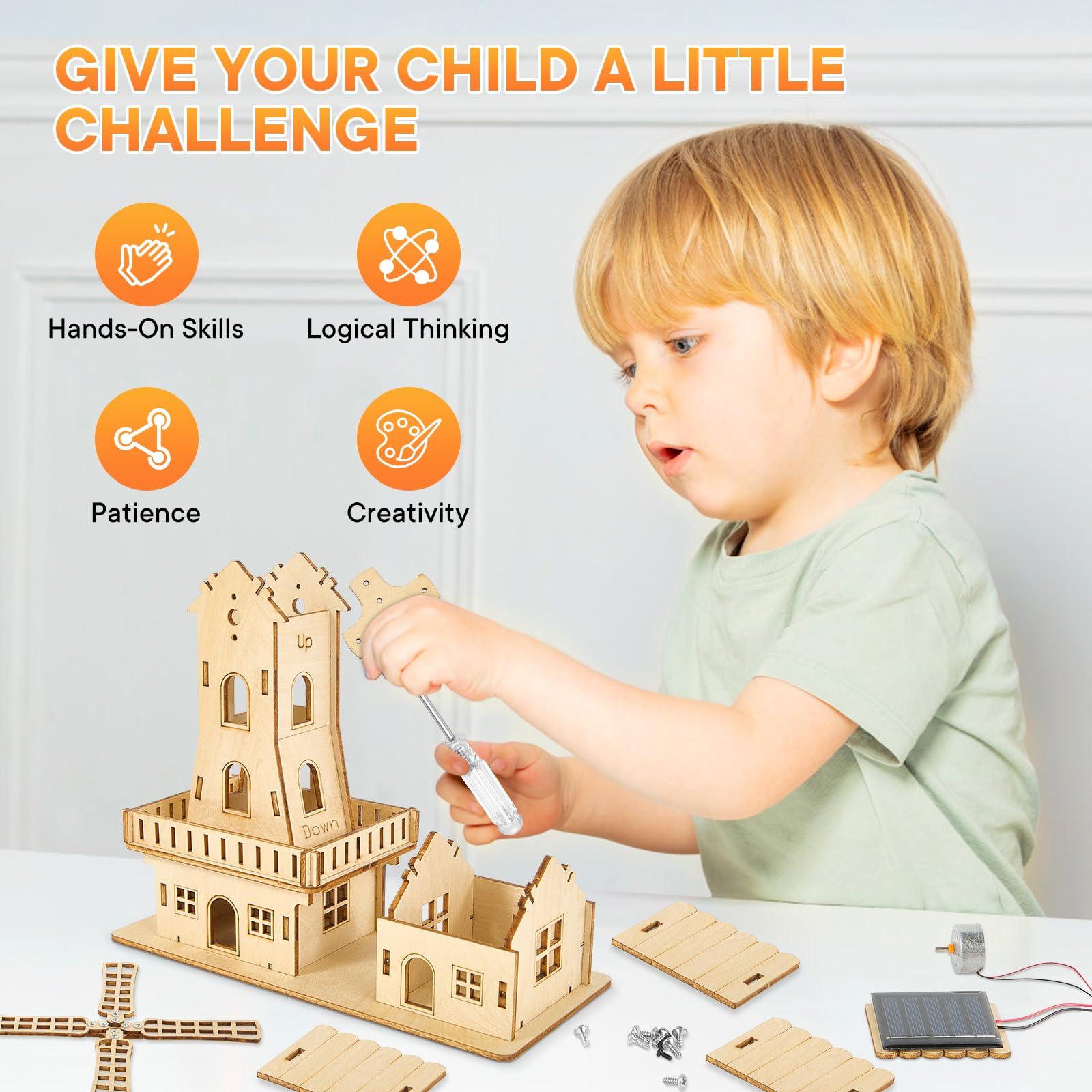 Puzzle 3D a energia solare, kit di costruzione casa smerigliatrice fai da te | giocattolo modellino legno per bambini 8-15 anni e adulti, legno di tiglio, sicuro e solido