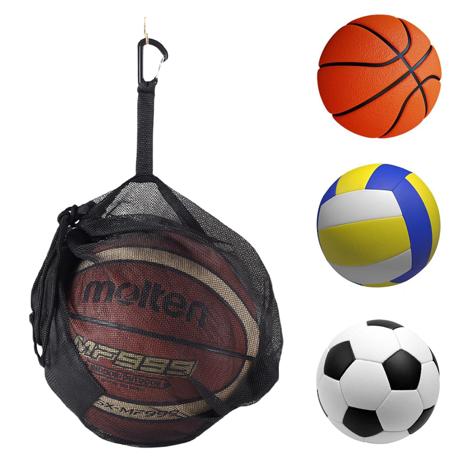 DILUSILK 1 Pcs Mesh Ball Bags, Drawstring Storage Single with Zipper Pocket Black Football Drawstring Storage Mesh Carry Net Bag with Buckle Clip