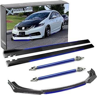 x xotic tech Front Bumper Lip Chin Spoiler+ 2.2M Side Skirt Winglets Diffusers+ Adjustable 10"-13" Support Rod Universal Fit Most Vehicles, Carbon Fiber w/Blue