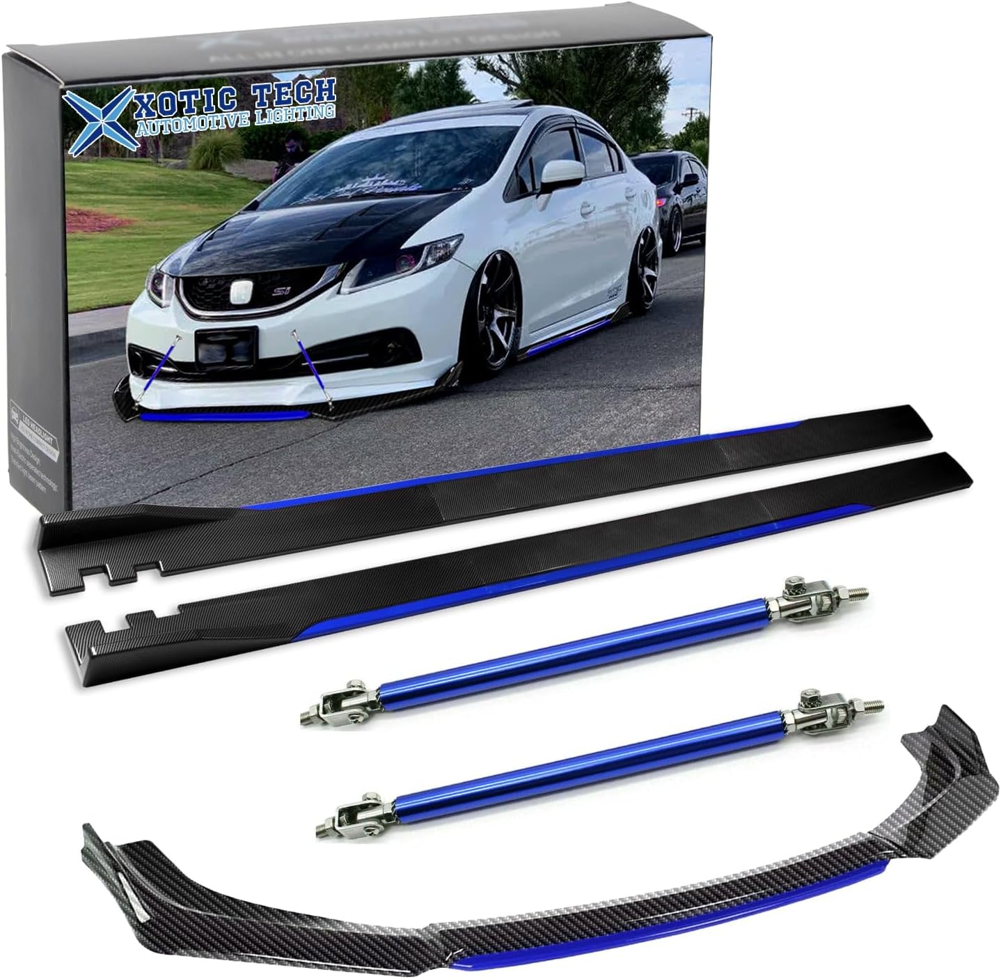 x xotic tech Front Bumper Lip Chin Spoiler+ 2.2M Side Skirt Winglets Diffusers+ Adjustable 10"-13" Support Rod Universal Fit Most Vehicles, Carbon Fiber w/Blue