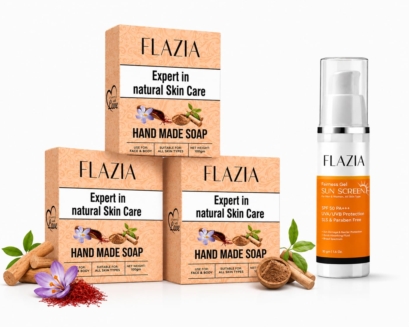 Skin Care Combo, Handmade Sandalwood & Saffron Soap 100g x3 + Sunscreen SPF 50+ 30g x1, Total 4 Units, Brightening & Sun Protection, For Men & Women-image-6