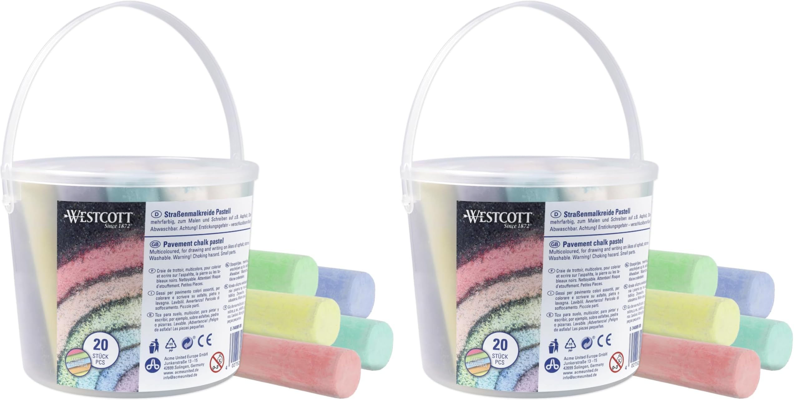 Westcott gesso colorati stradale | 20 gessetti colorati per bambini in un pratico secchiello | facilmente lavabili | adatti per asfalto, lavagne o pietra | E-744985 00 (Confezione da 2)