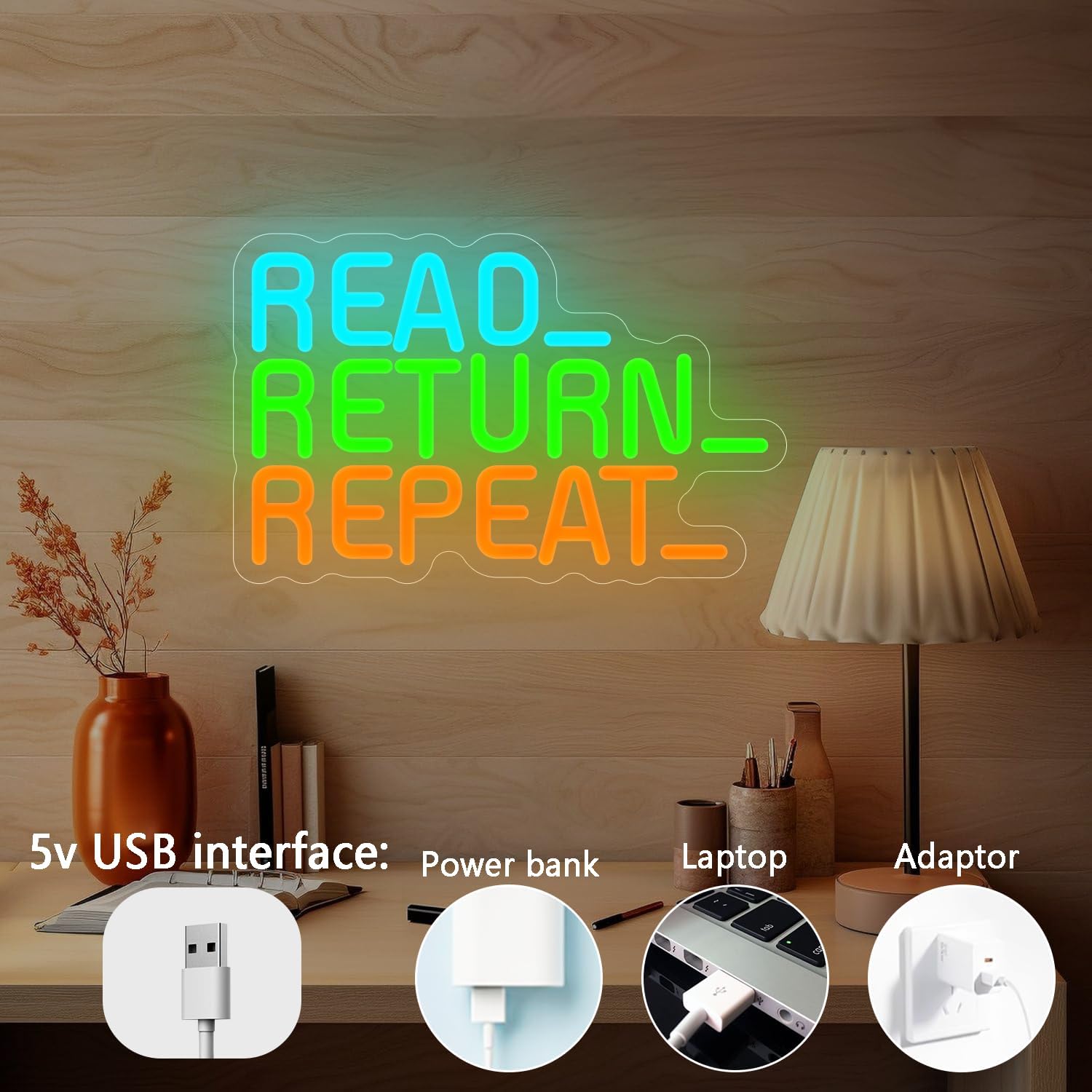 Read Return Repeat Neon Sign Dimmable Read Book Sign for Wall Decor Library neon sign Reading Neon Light for Library Decor Book Lovers Kids Holiday Gifts
