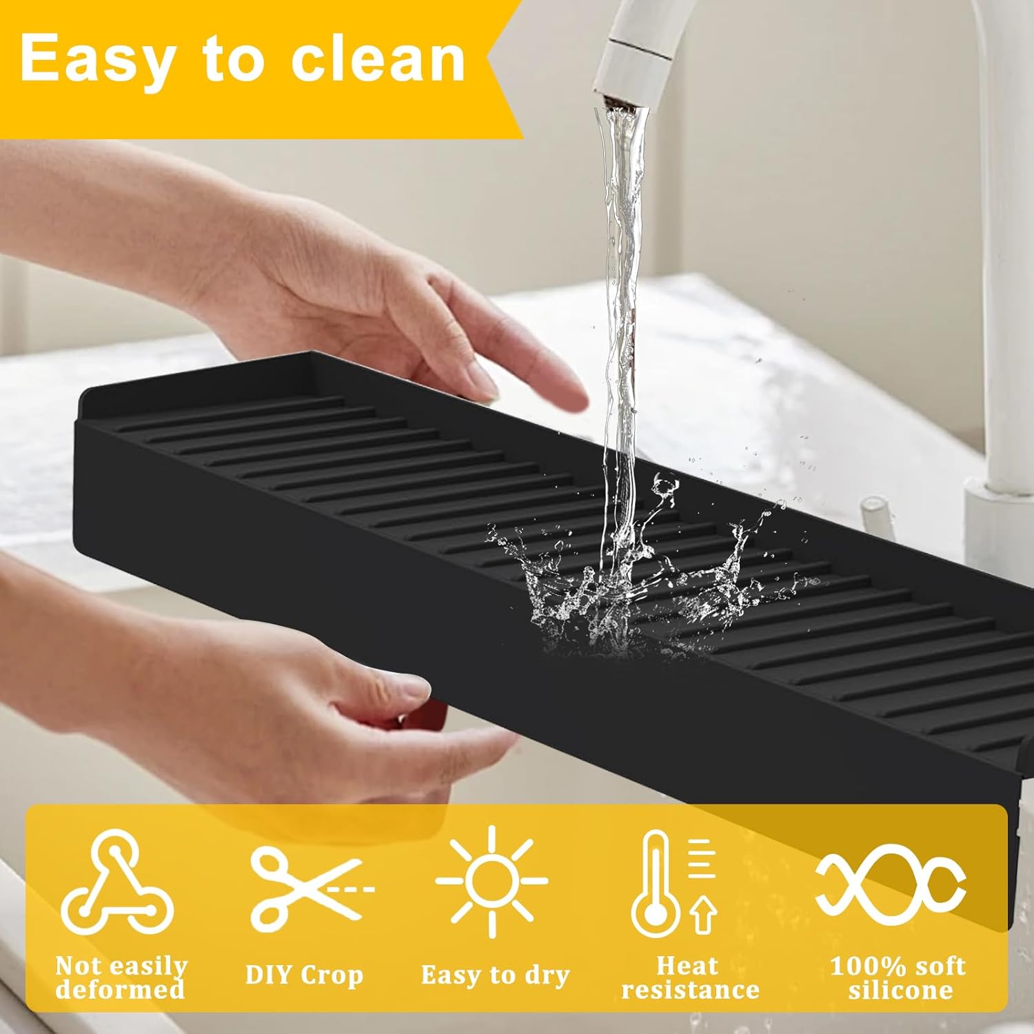 Silicone Sink Edge Protectors - Multifunction Accessories, Splash Guard & Draining Mat for Kitchen, Bathroom Sink, Steel, Granite, Quartz Countertops (Black, 4 * 30in)