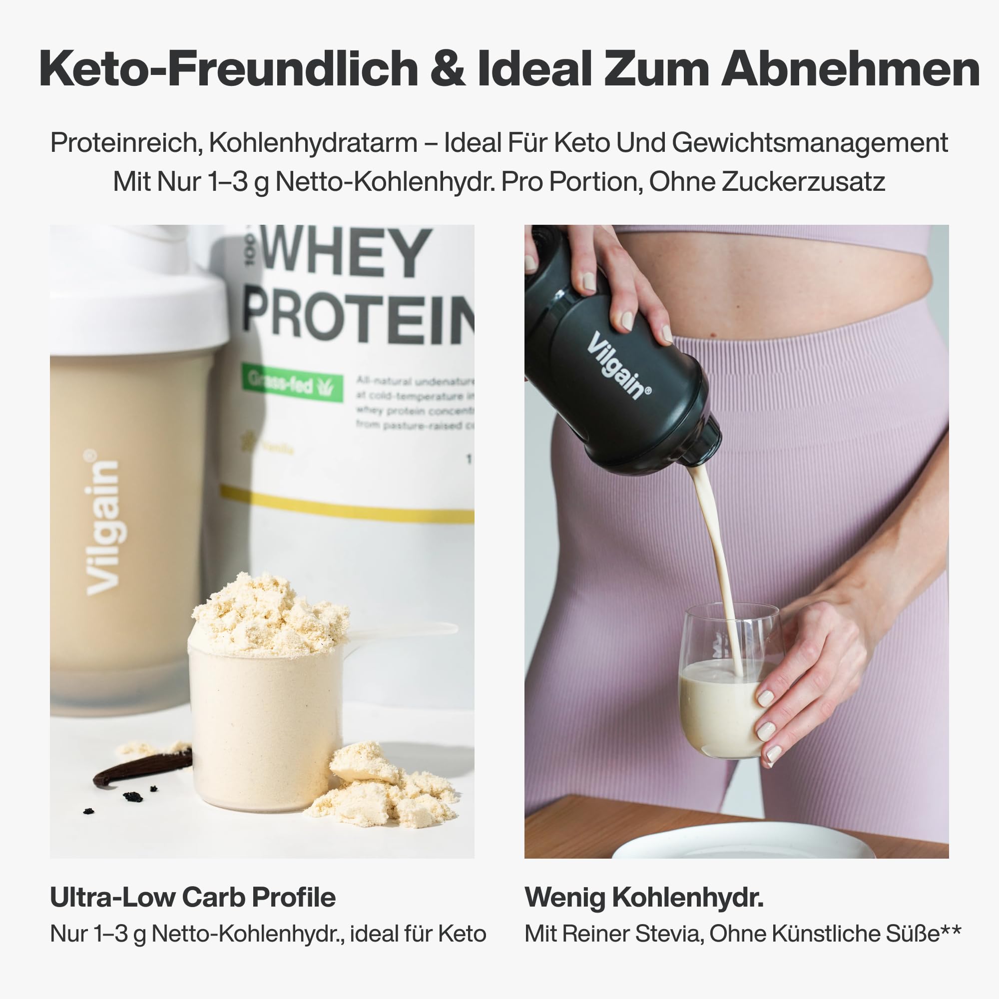 Vilgain Grass-Fed Whey Protein (1000g) Vanille, Eiweißpulver Konzentrat aus Weidemilch, Gesüßt mit Stevia, Ohne Zuckerzusatz, Ultrafiltriertes Protein Pulver für Shakes, 1 kg