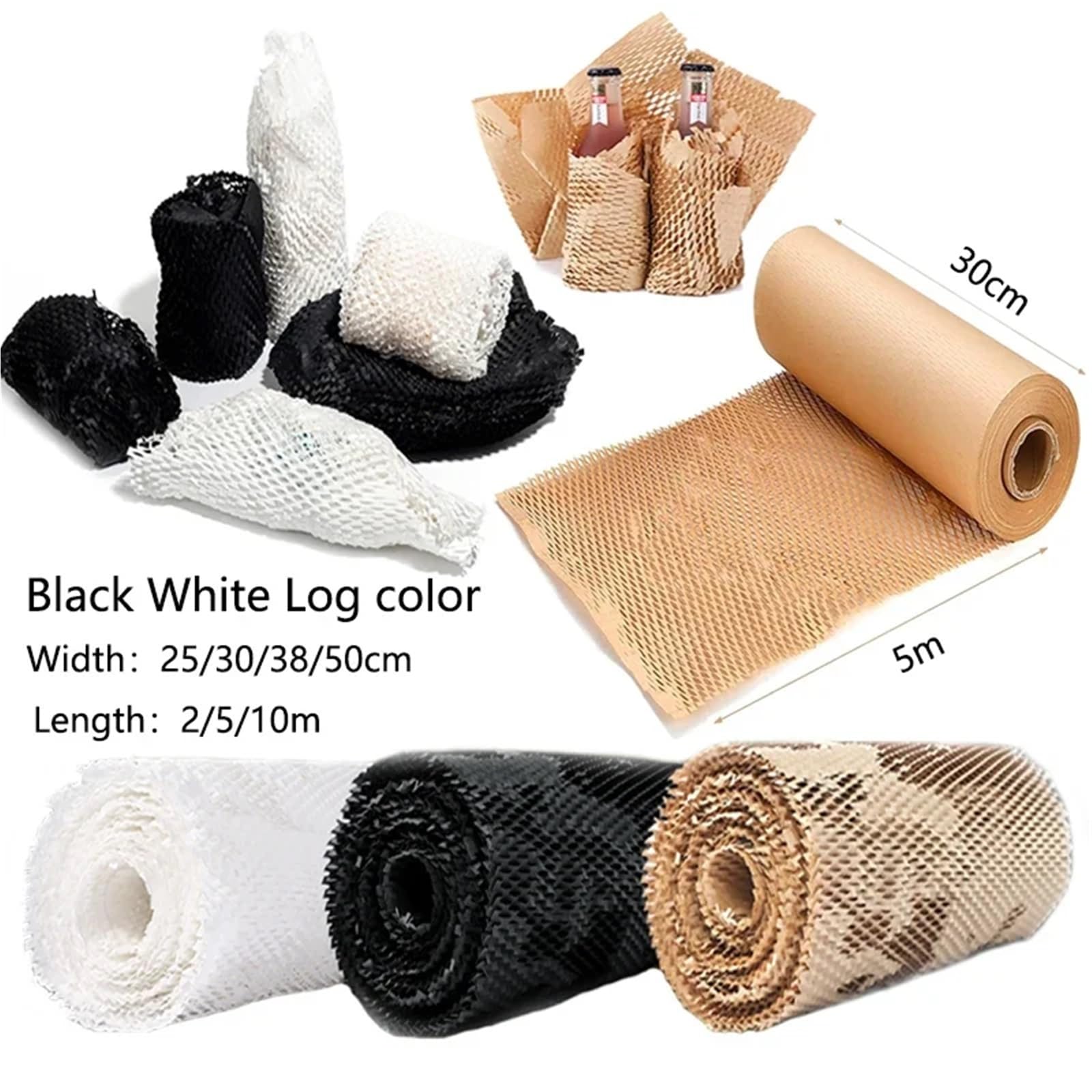 Rolka papieru opakowaniowego typu plaster miodu, Rolka amortyzująca o strukturze plastra miodu, wielokolorowa 2-10M, do przenoszenia opakowań wysyłkowych prezentów(Black X W50cm X L10m)