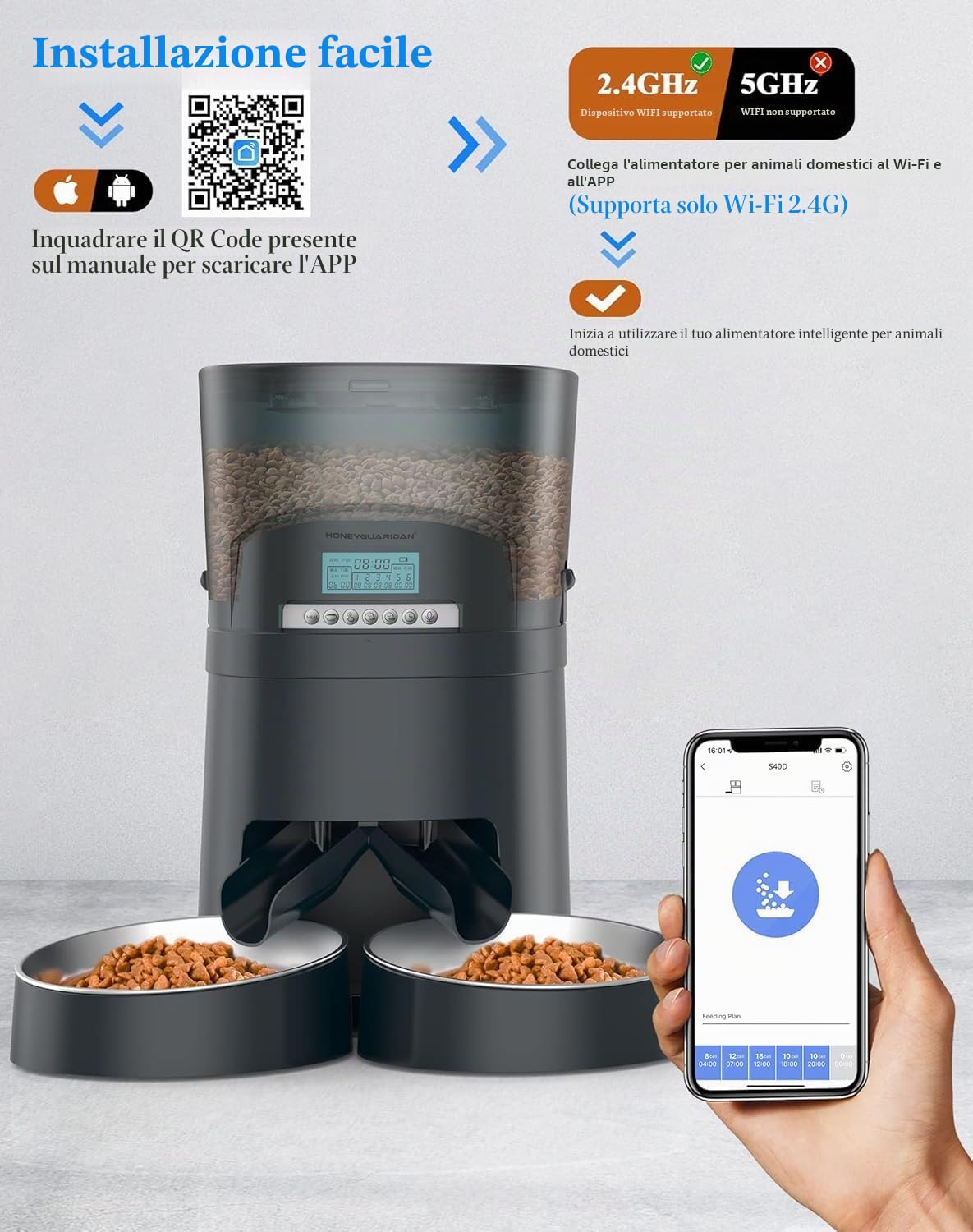 HoneyGuaridan Mangiatoia automatica per gatti 2 ciotole, 2.4G WiFi, distributore automatico intelligente per gatti e cani, 1-6 pasti al giorno (4,5L)