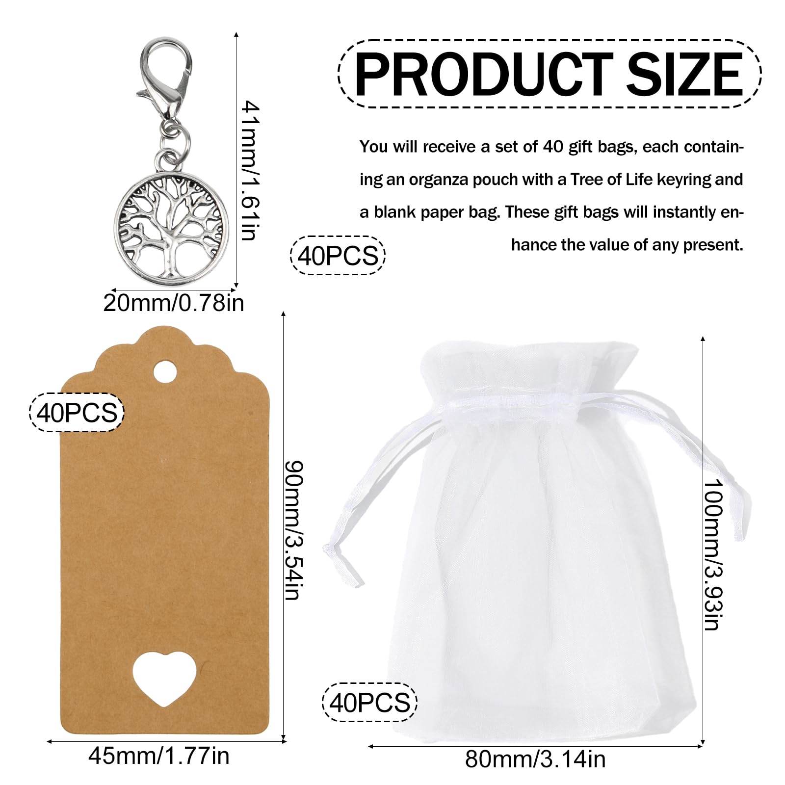 40 Pezzi Portachiavi Albero Della Vita,40pz Sacchetti Organza,40 Kraft Card Albero Dellas Lega Dellas Vita Portachiavi Ciondolo Alber Della Vitas per Battesimo Comunione Bomboniere Matrimonio