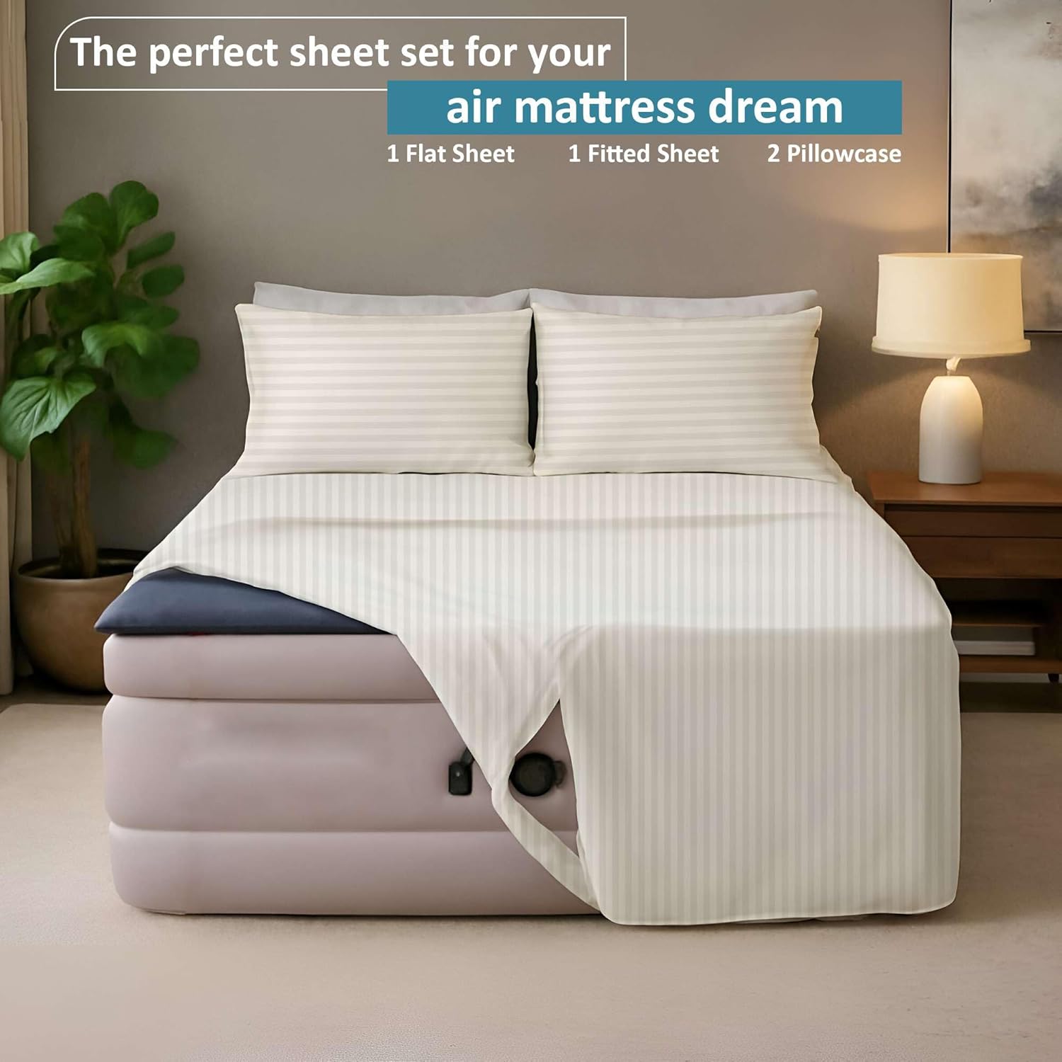Ready To Rest Queen Size Air Mattress Sheet Set - Fits 18in to 24in Pillow Top - for Guests, Camping, RVs, Includes 2 Pillowcase, 1 Flat Sheet & 1 Fitted Sheet (Ivory Stripe)