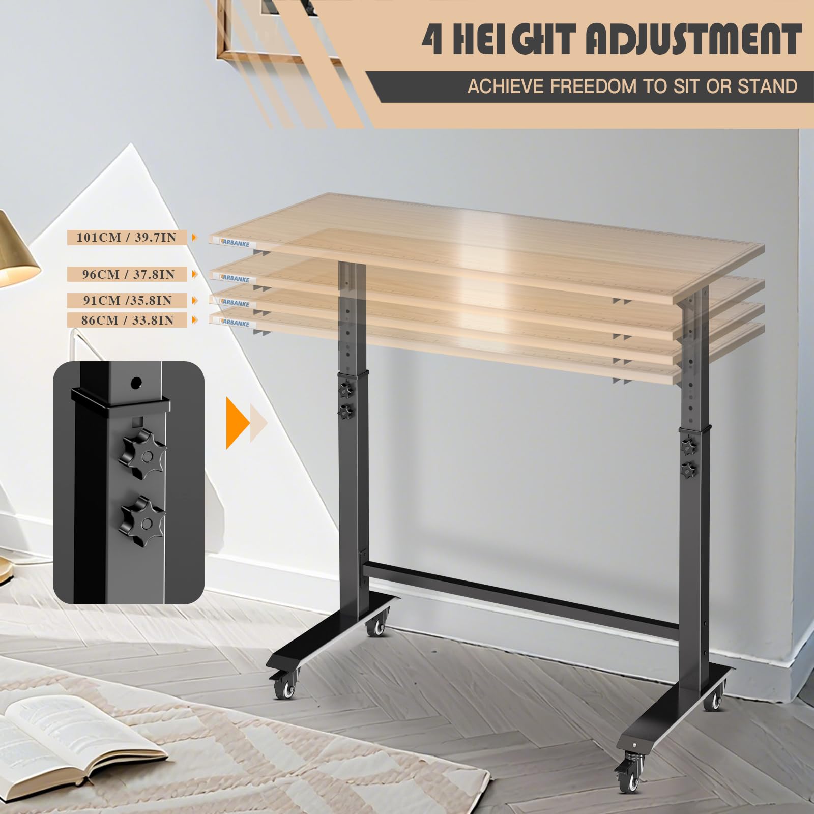 LARBANKE Klappbare Werkbank (115cm) Belastbar bis 363kg, Mobiler Arbeitstisch Höhenverstellbar (85-115cm), Schwerlast-Tisch mit Rollen & Skala, Werkzeuglose Montage