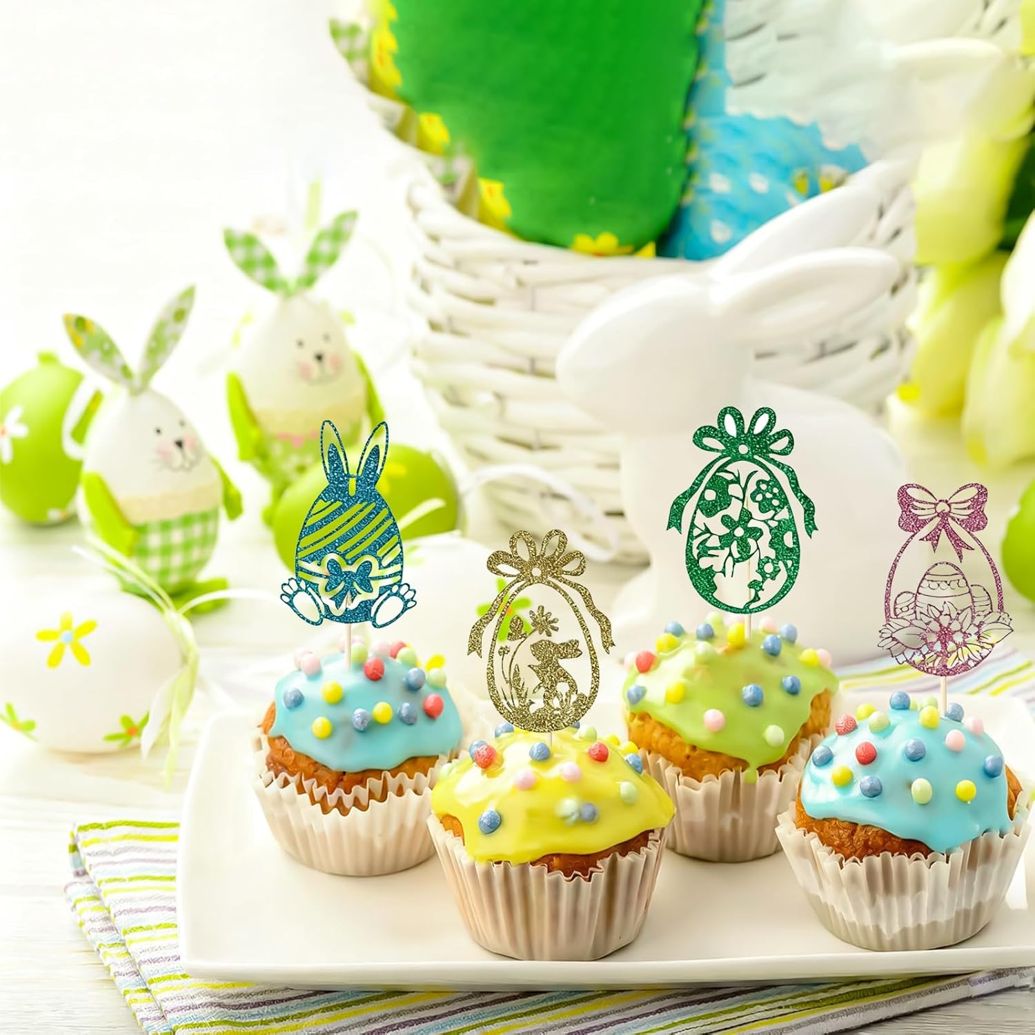 60 Pcs Easter Cupcake Toppers, Bunny Ear Cupcake Toppers Rabbit Cake Toppers for Easter Spring Party Supplies,Multi Style