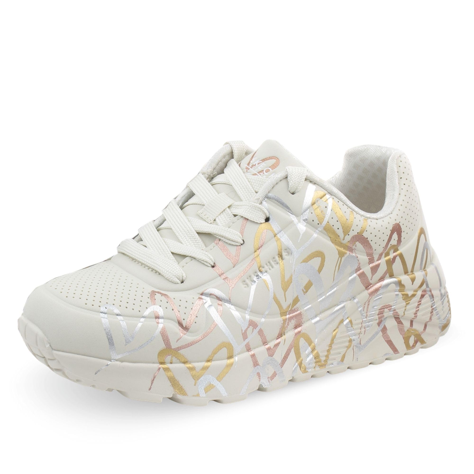 Skechers Girl's Uno Lite Metallic Love Sneakers, Natural Pu/Multi Trim, 5.5 UK Child