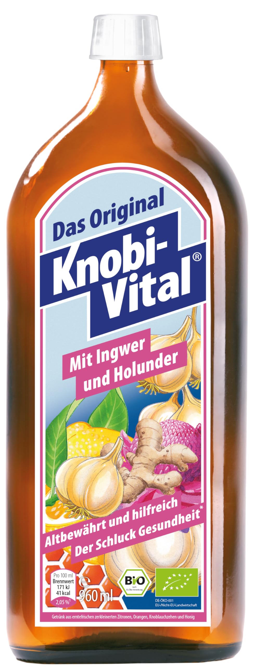 KnobiVital mit Ingwer und Holunder Bio (960 ml) I Hochkonzentrierter Knoblauchsaft mit Thiamin für Energie, Nerven & Herz I Natürlich & ohne Zusätze