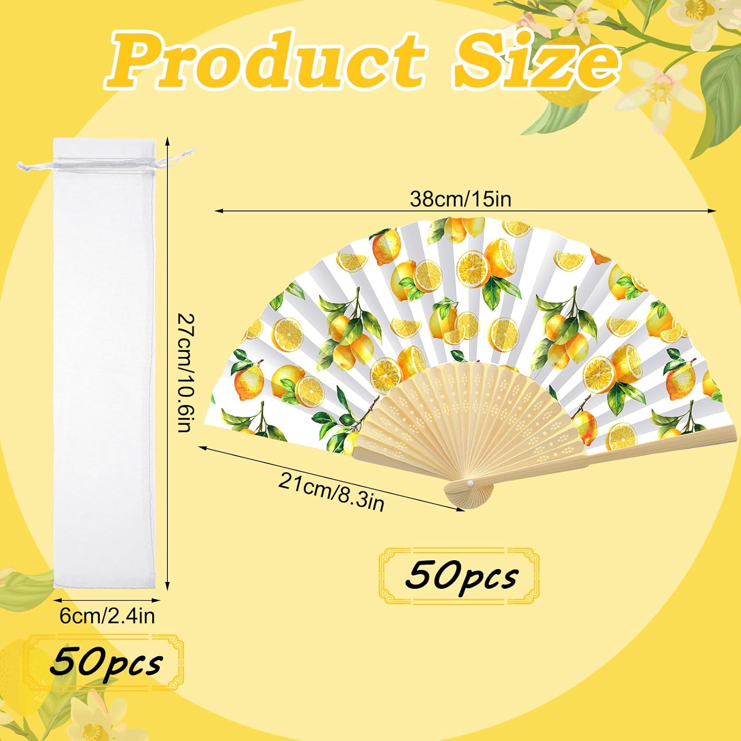Roowest 50 Pcs Lemon Printed Hand Fan Favor Kit Folding Hand Fans Beautiful Retro Paper Fan with Organza Bag Summer Wedding Party Supplies Bridal Shower Gifts for Guests