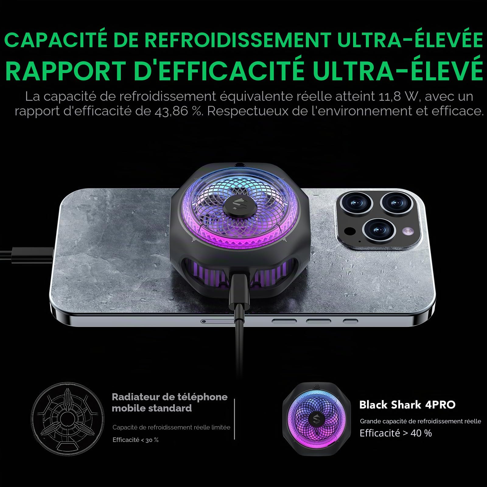 Black Shark Refroidissement magnétique pour téléphone portable 4Pro, ventilateur de refroidissement RGB portable, radiateur de téléphone portable avec poignée amovible, contrôle intelligent de la