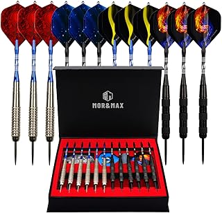MM MOR&MAX Darts Metal Tip Set，12 Pack 22 Gram with Nonslip Iron Barrel, Darts Steel Tip Set Professional,with 12 Aluminum Dart Shafts, 24 Extra Flights, Dart Sharpener, Dart Wrench, Stylish Gift Box