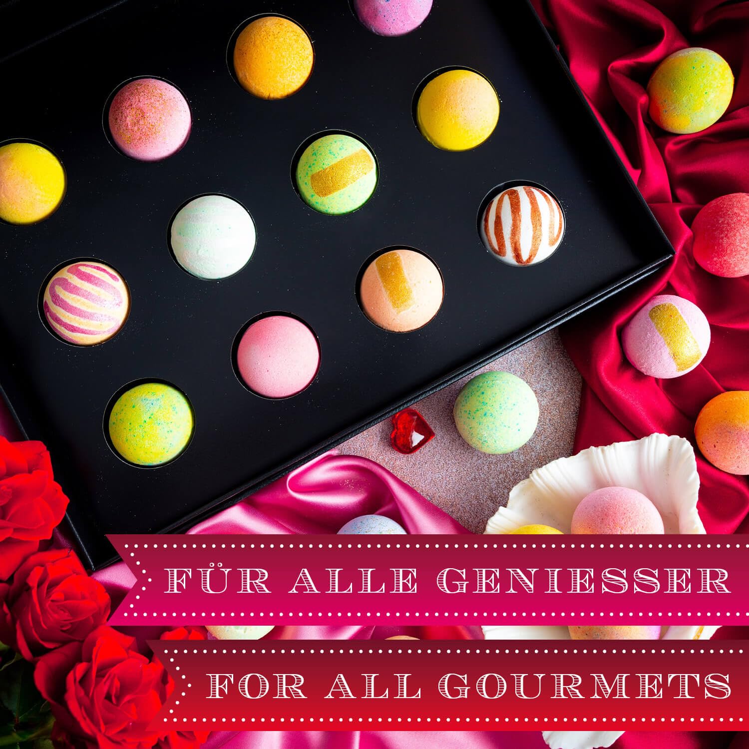 Hallingers Genuss Manufaktur Badebomben Valentinstagsgeschenk-Set - 12x Badekugeln Bath Bombs in edler Geschenkbox, Frauen Badeperlen-Wellness & Spa "Zum Valentinstag", Valentintstag für Frauen Männer