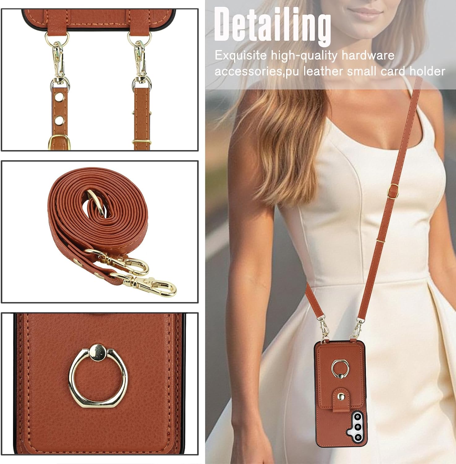 Phone Case for Samsung Galaxy A14/M14 5G Magnetic Wallet Cover and Screen Protector Ring Kickstand Crossbody Lanyard Strap Compatible with MagSafe RFID Blocking A 14 4G 14A for Women Men Brown