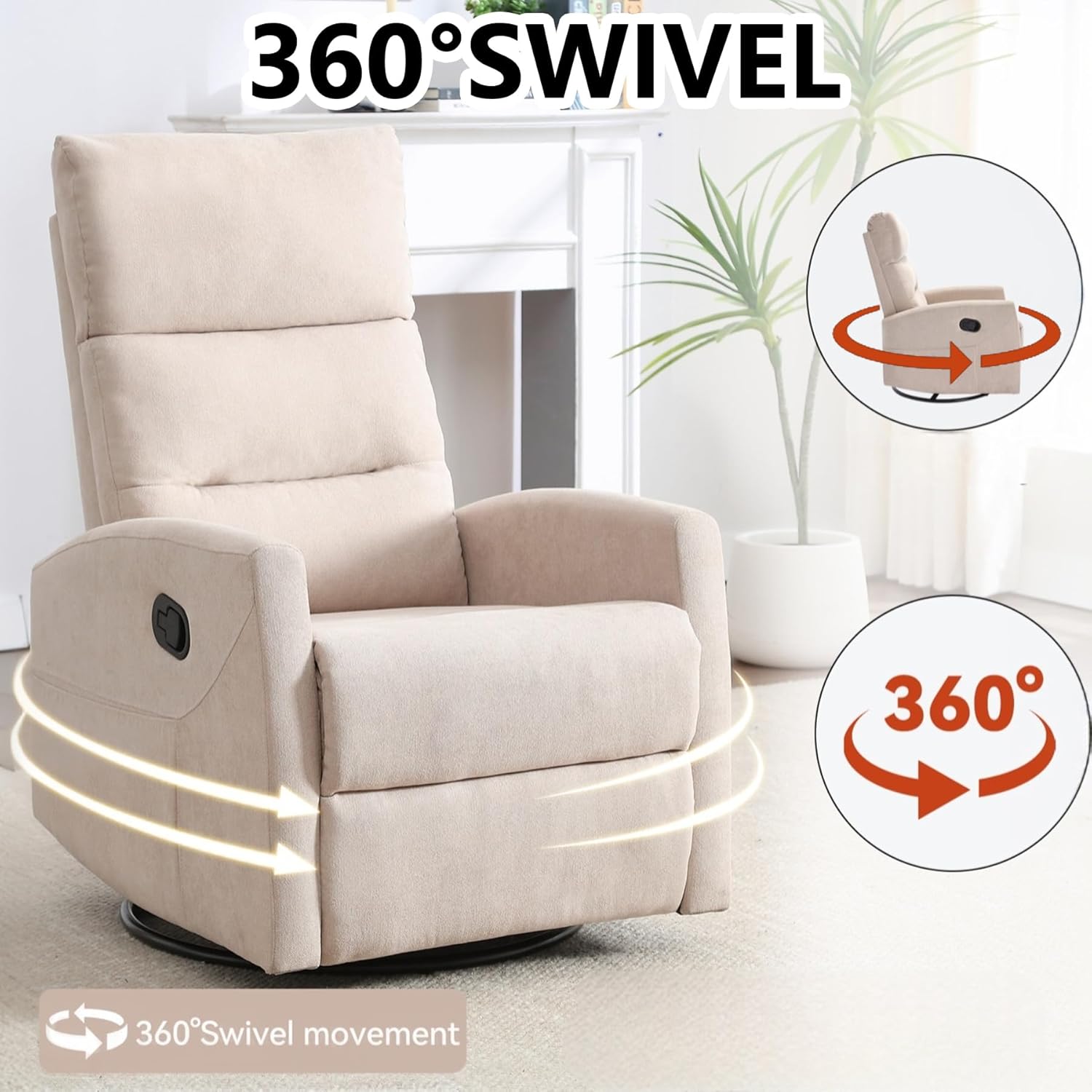Slim Lazy Boy Recliners for for Adults, Swivel Rocking Chair Recliner with High Back, Small Recliner Chair for Small Spaces, Manual Reclining Chair for Living Room, Adjustable Footrest (Beige)