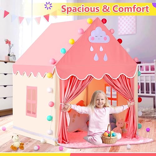 Vista 21 de Tienda de campaña para niños con alfombrilla, para niñas, casa de juegos grande de hadas para niños, tienda de campaña de castillo de princesa