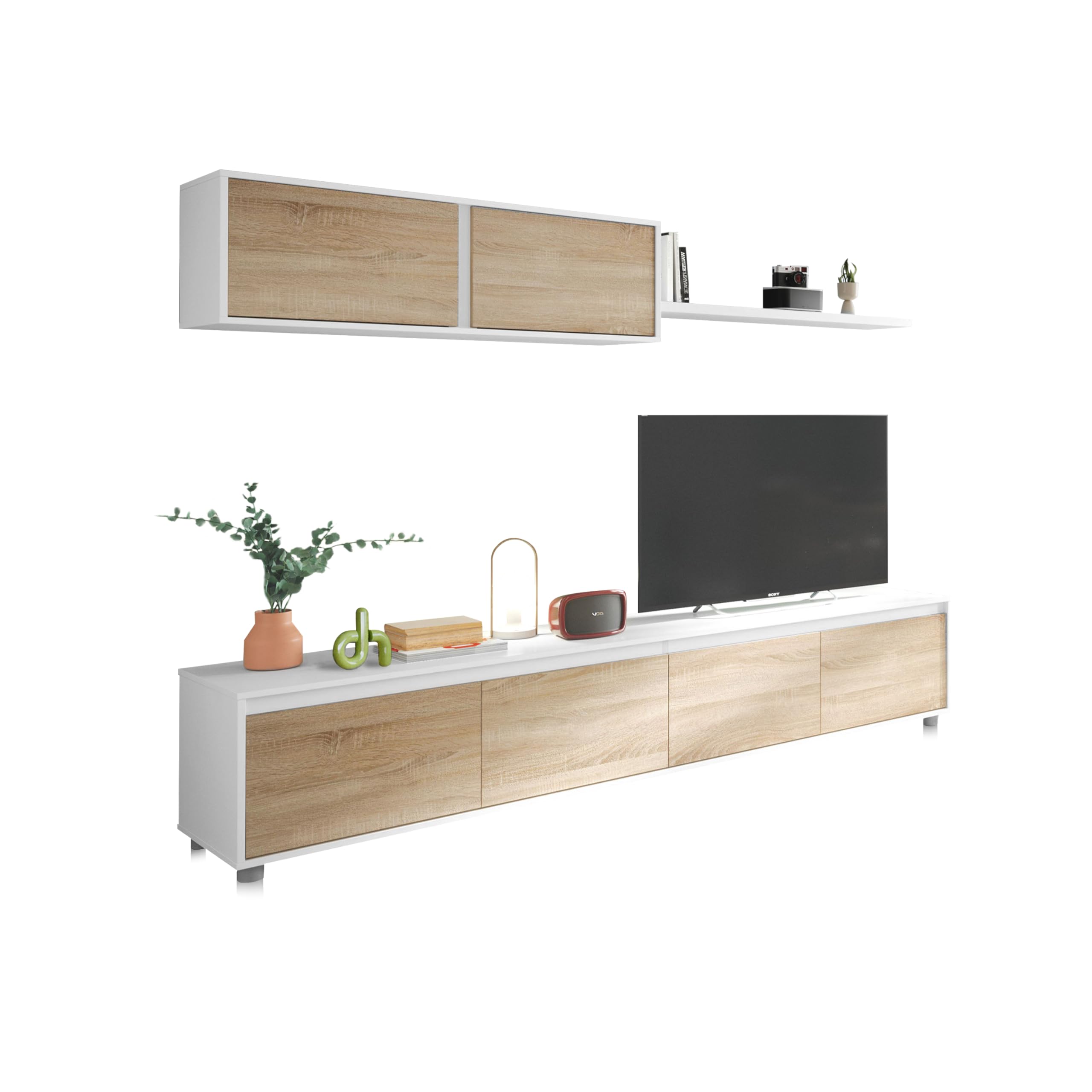 duehome | Conjunto Reversible de Salon, Mueble de TV, Modulos de Comedor, Modelo Arlet, Acabado en Blanco Artik y Roble Canadian, Medidas: 200 cm (Largo) x 41 cm (Fondo) 43 cm (Alto)