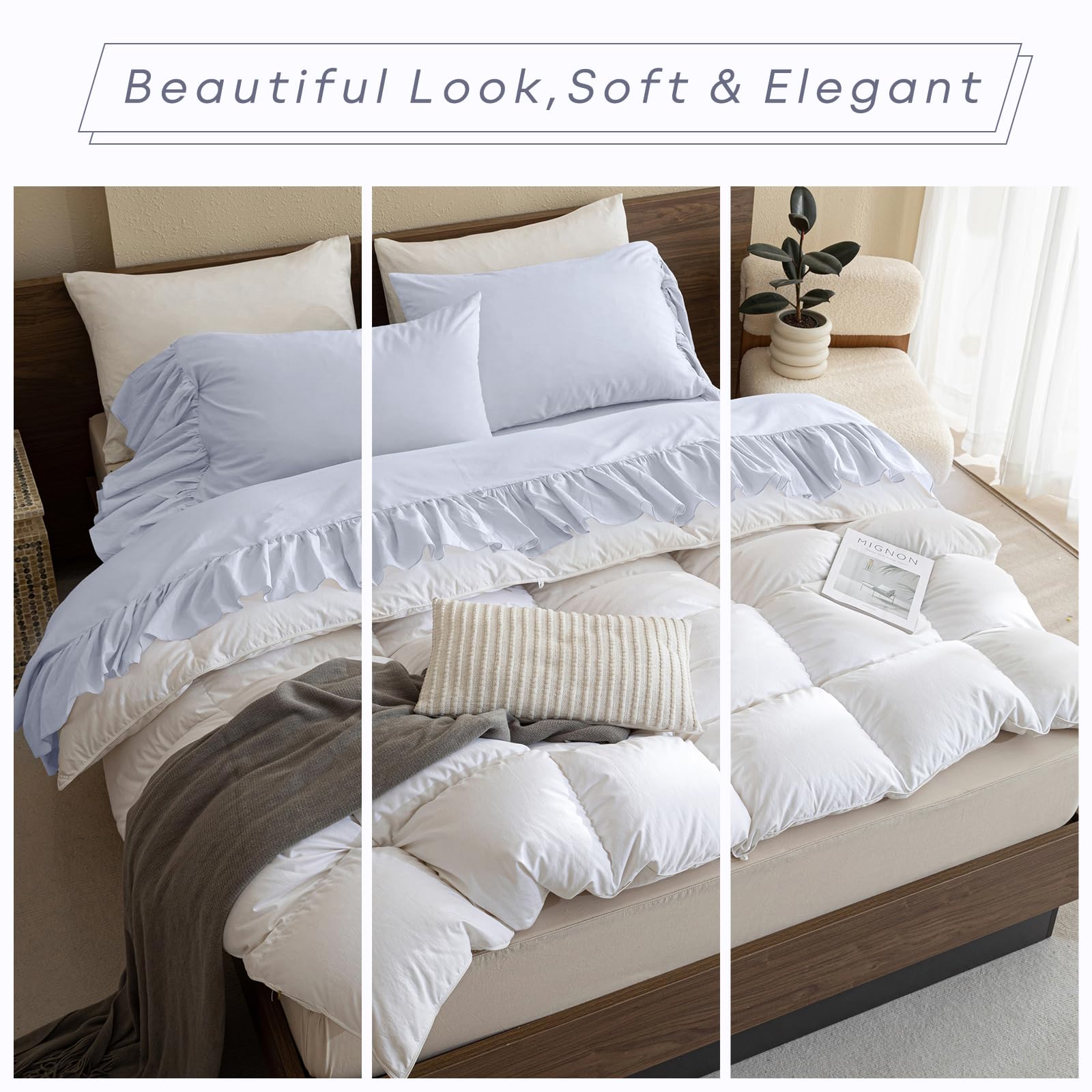 QSH Bettwäsche-Set Queen – 4-teilig, 100% Baumwolle, Mit Rüschen, Hellblau, French Country Stil