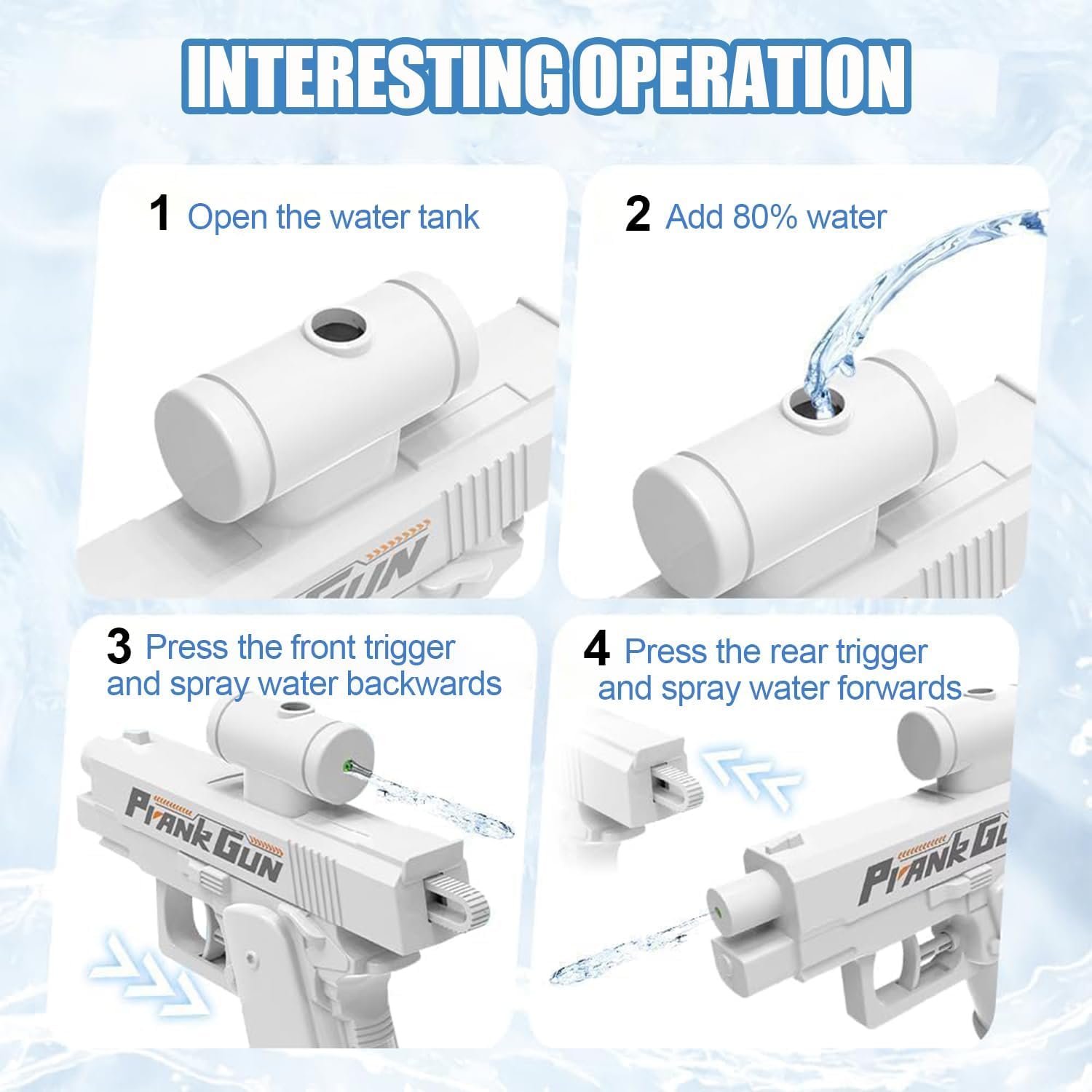 Prank Water Gun Pistola de Agua de Broma Invertir Pistolas de Agua Doble Disparo Delantera y Trasera para Travesuras Piscina Playa Verano (Blanco) — view 5