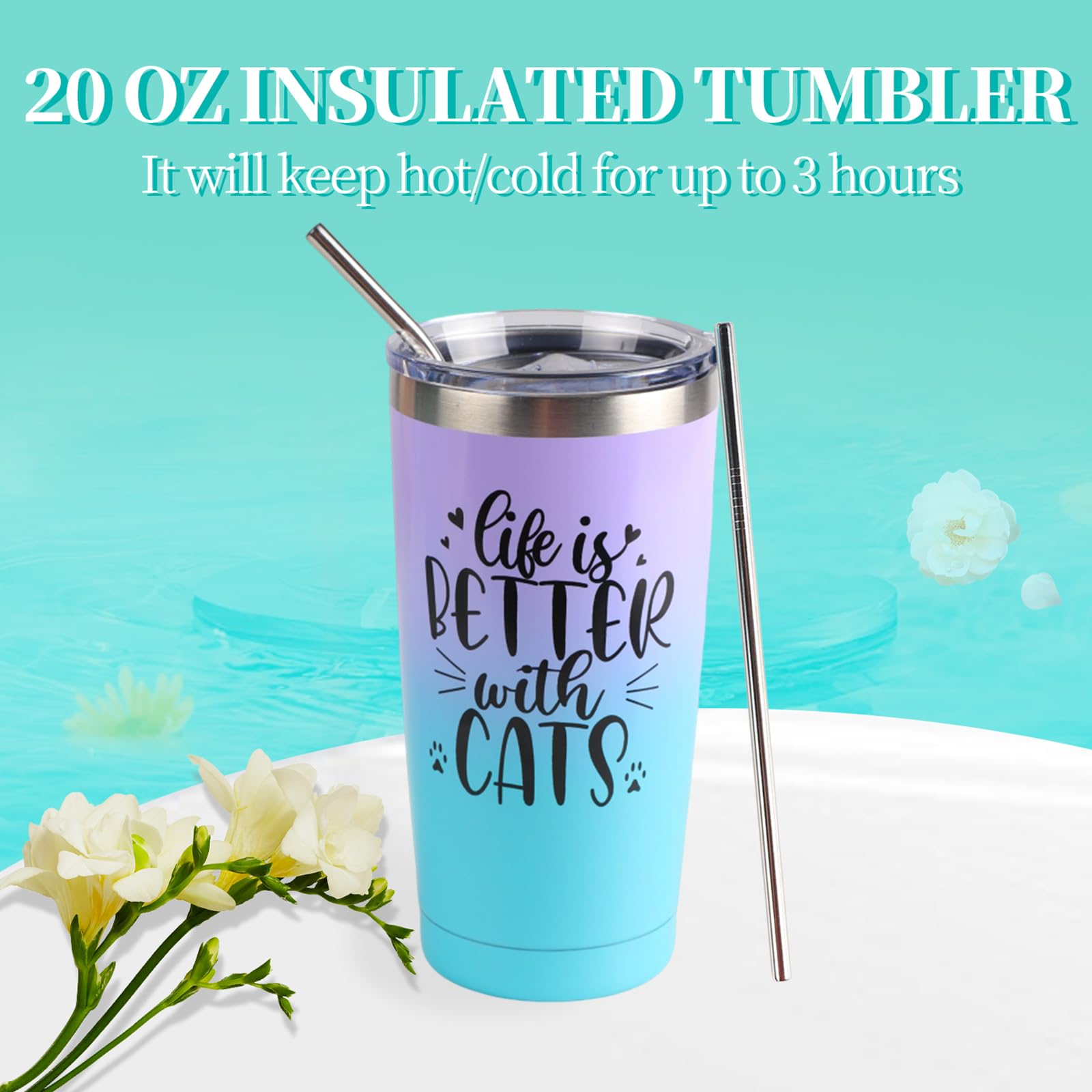 Regalos para amantes de los gatos para mujeres: cesta de regalo con temática de gatos con vaso de gato de 20 onzas, perfecta para cumpleaños, agradecimiento al profesor, día de San Valentín