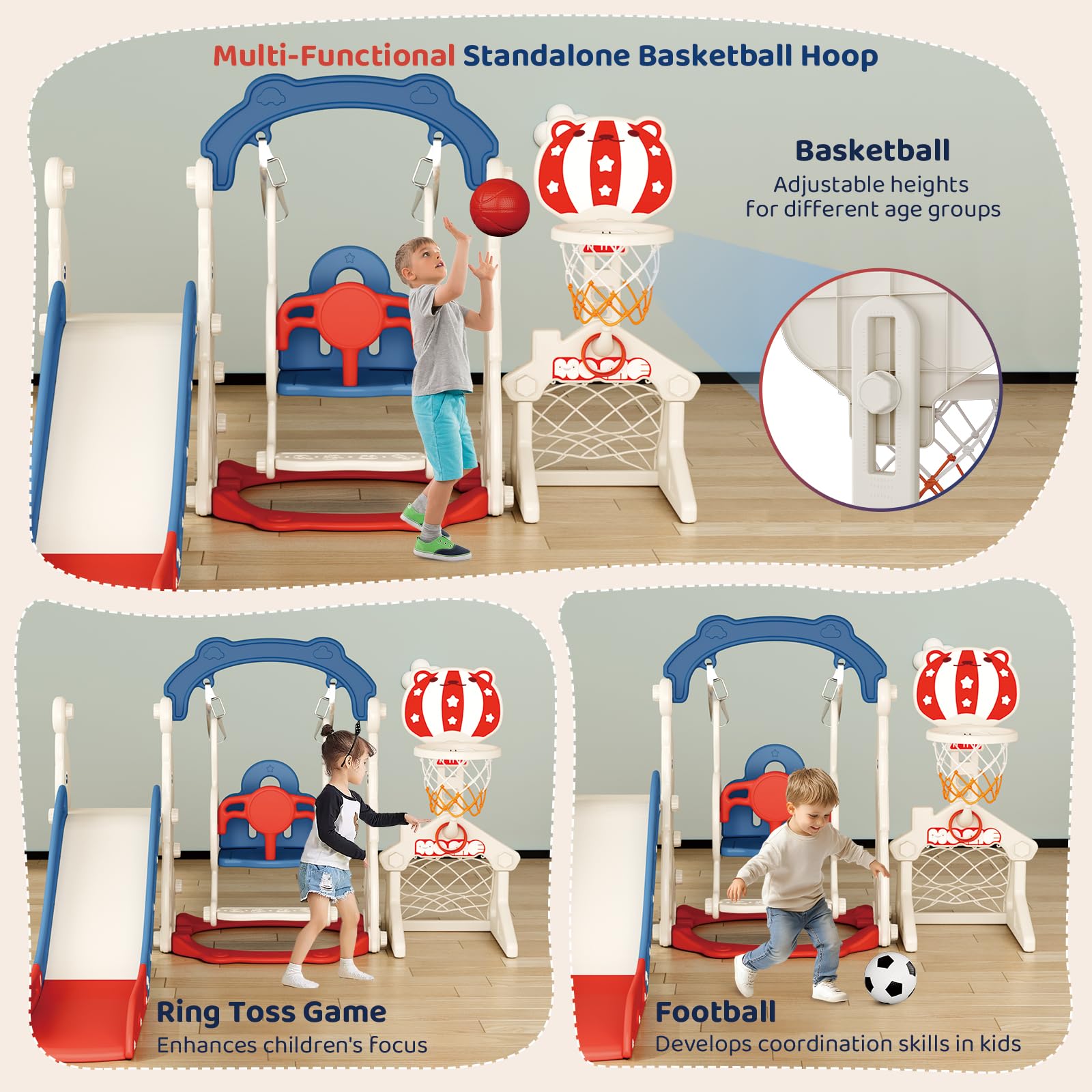 Slide per bambini ispessiti e allargati, scivolo per bambini piccoli indipendente con canestro da basket, attrezzatura per parco giochi con scivolo, scivoli all'aperto (blu rosso-6 in 1)