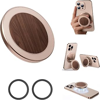 for MagSafe Phone Grip Holder Dual-Side Magnetic with 2 Metal Ring, Removable Slim Phone Grip Stand, Phone Case Grip Ring Holder for iPhone 16 15 14 13 12 and Android Phones, Wood Gold