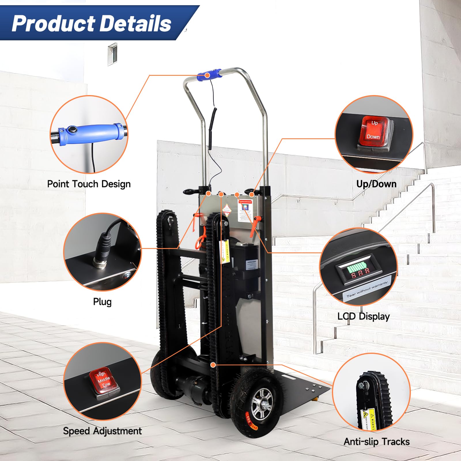 Camiones de mano de capacidad de carga de 660 libras resistentes, carrito de mano de 500 W, carretilla eléctrica para subir escaleras con pistas de goma