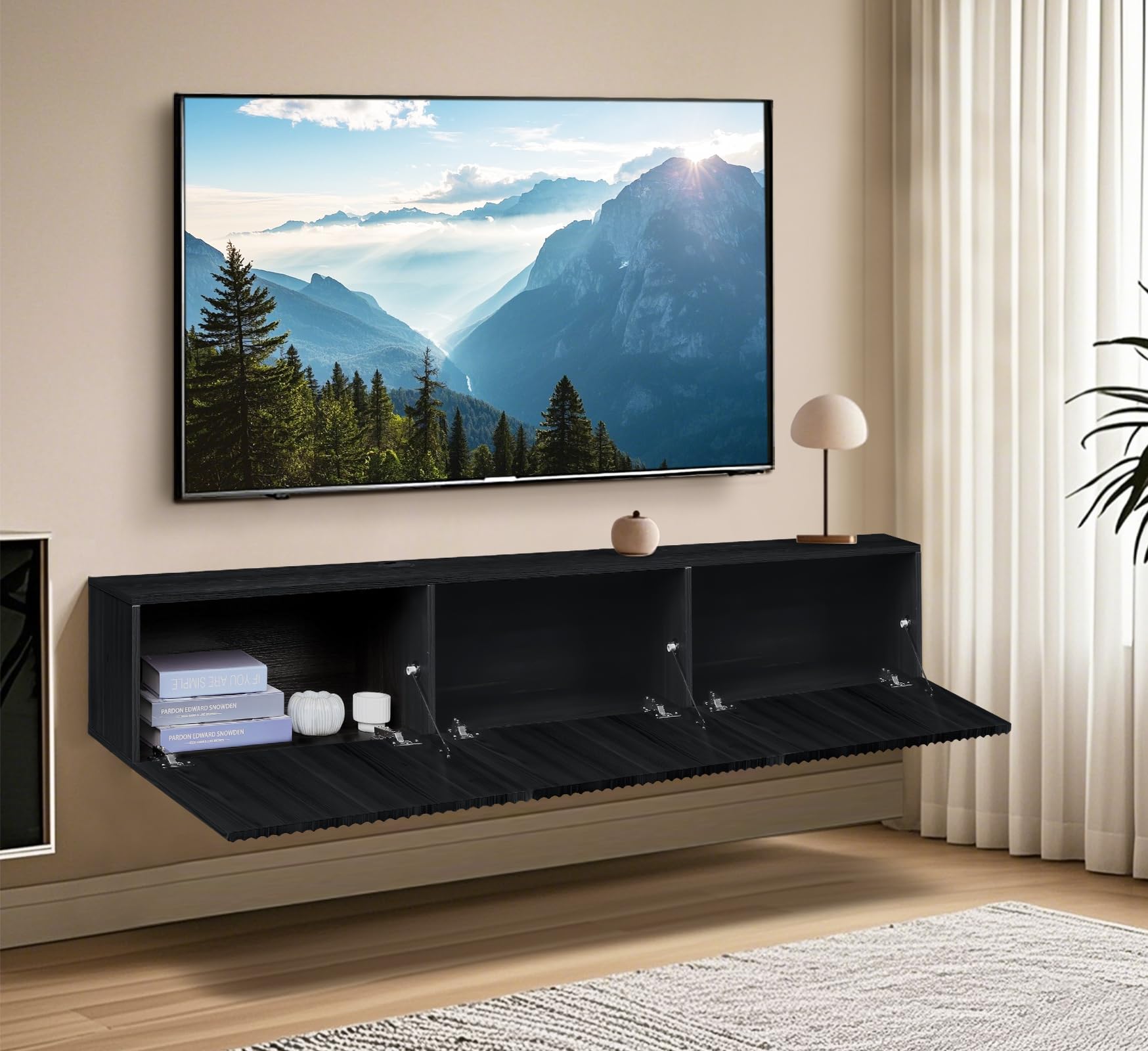 TABOJS Soporte Flotante para TV, Centro de Entretenimiento de Montaje en Pared de 70,7 Pulgadas con Puertas estriadas, Elegante Consola Multimedia y gabinete de Almacenamiento para Sala de Estar,