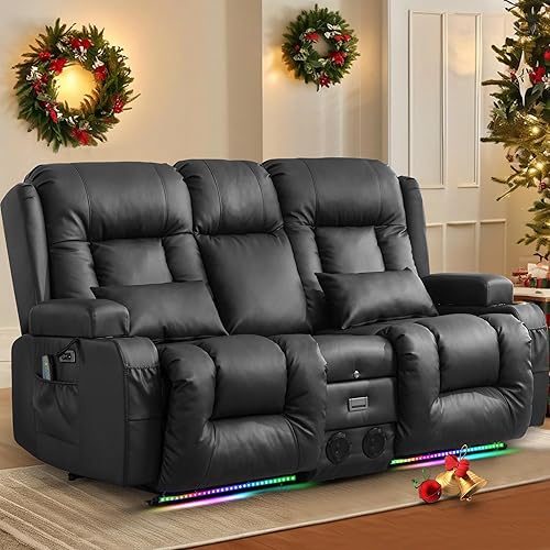 TUNYI Sofá reclinable eléctrico con masaje y calor, asiento de cine en casa con consola, sofá biplaza reclinable RV con