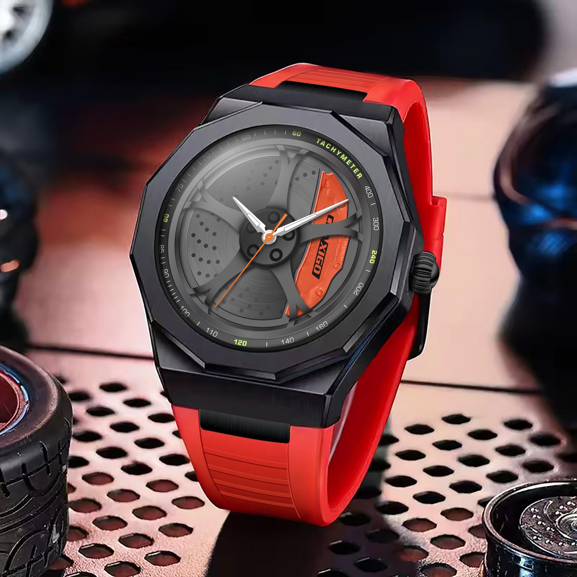 Gosasa Reloj de pulsera para hombre, diseño de rueda de carreras, creativo, giratorio en 3D, luminoso, cuarzo, resistente al agua hasta 30 m, con correa de goma