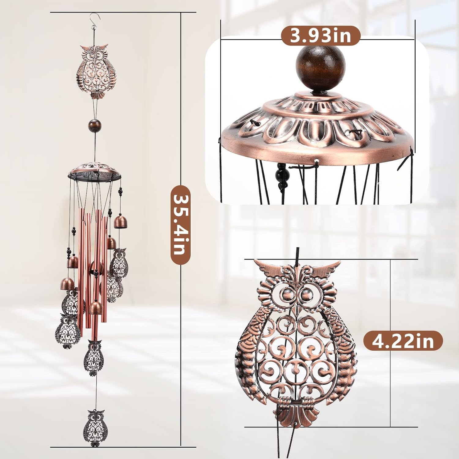 BWINKA Owl Copper Wind Chimes for Outside Gift with S Hook for Indoor and Outdoor Decorations (Owl)