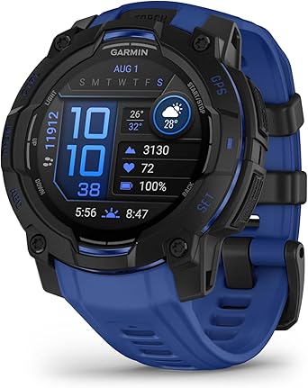 Garmin Instinct 3, 45mm Rugged GPS smartwatch with AMOLED Screen,Built in Sports apps & Health Monitoring, LED Flashlight, Shock Resistant, 10ATM, up to 18 Days Battery Life, Black/Bolt Blue